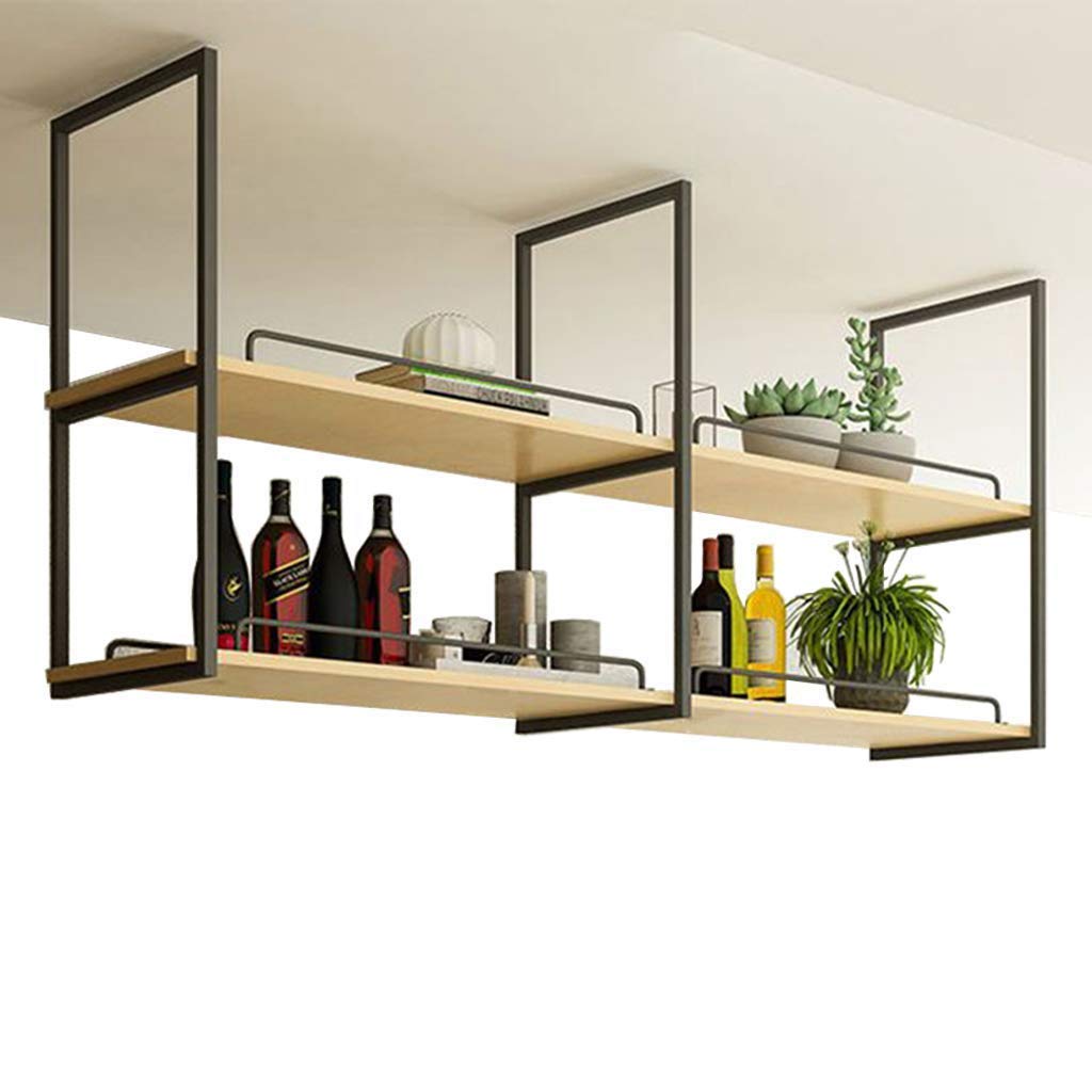 DMUNIZ Ceiling Mounted Storage Rack - 2 Tier Solid Wood & Iron Shelf, Nordic Style Hanging Organizer for Kitchen, Bathroom, or Bar Decor (Black, 60×30×80cm) - Perfect for Small Space Storage & Stylish Home Organization