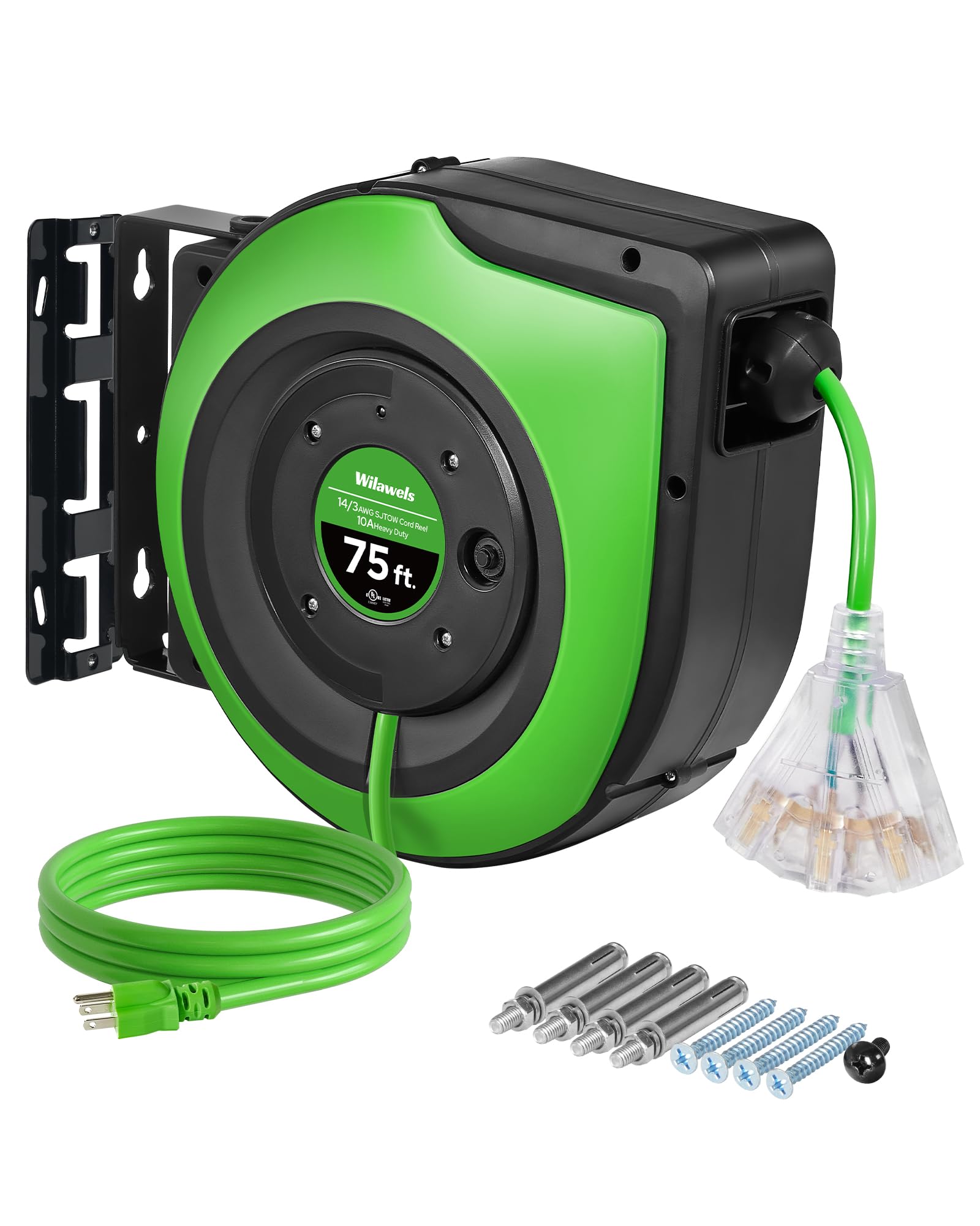 75 FT Heavy Duty Retractable Extension Cord Reel - 14AWG/3C SJTOW, 3 Grounded Outlets with Lighted Triple Tap, 10A Circuit Breaker - Wall/Ceiling Mounted UL Listed Green J75CR06 - Perfect for Workshops, Garages, and Outdoor Power Tool Use
