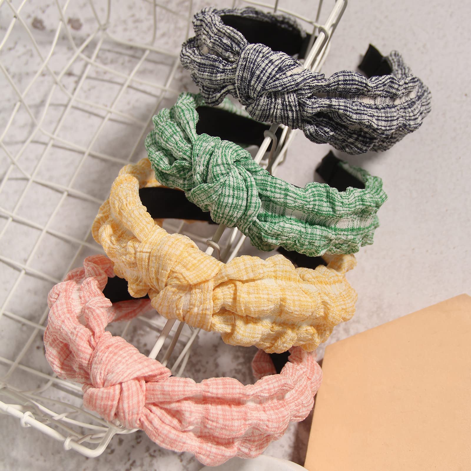 4pcs Women's Fashion Plaid Pattern Furling Pompoms Top Knot Headbands - Non-Slip Wide Turban Hair Bands for Girls & Women | Perfect for Workouts, Yoga, Parties & Everyday Styling