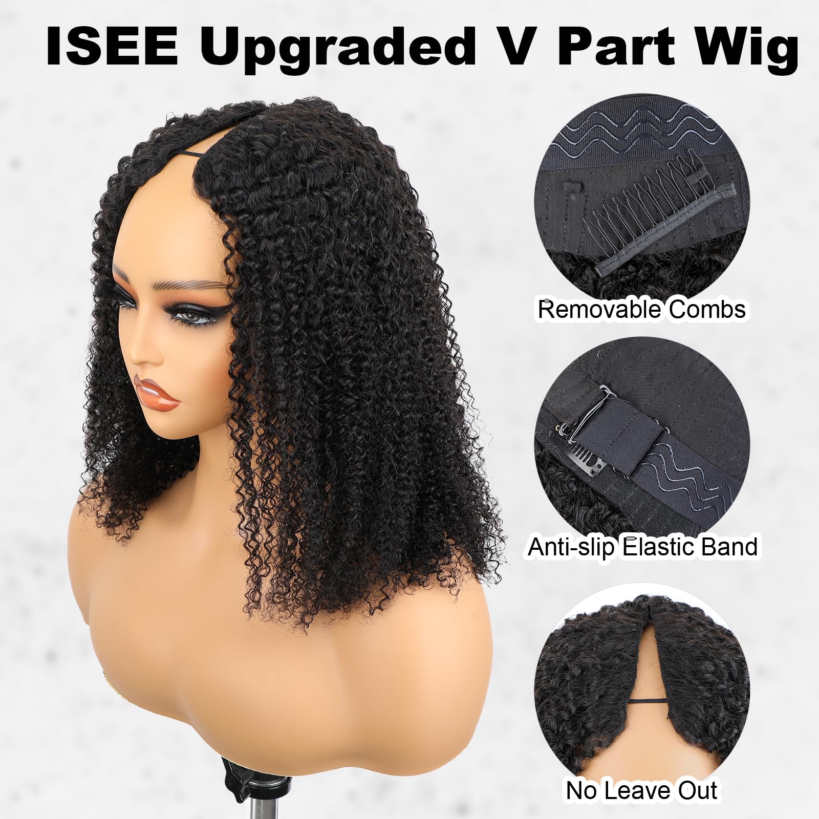 ISEE V Part Human Hair Afro Curly Glueless Clip-In Half Wig for Black Women - 180% Density Kinky Curly Thin Part U Part Wig 16 Inch Natural Color | Perfect for Daily Wear, Special Occasions & Protective Styling