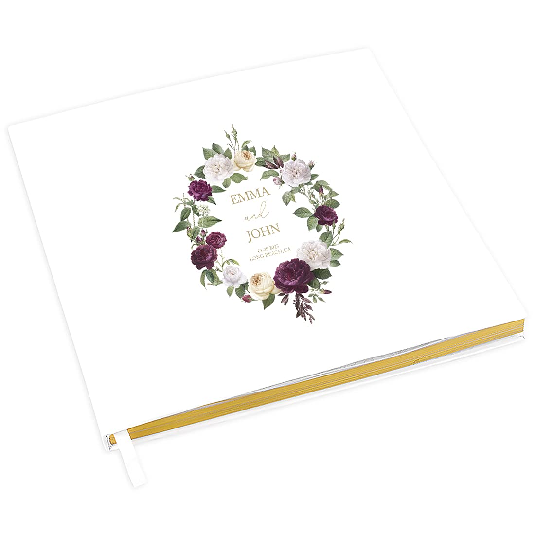 Personalized Wedding Guestbook with Gold Accents - Burgundy Ivory Peonies Design - 120 Page 8.5x8.5 Guest Sign-in Registry Book for DIY, Scrapbooking & Photo Album - Perfect for Weddings, Anniversaries & Special Events
