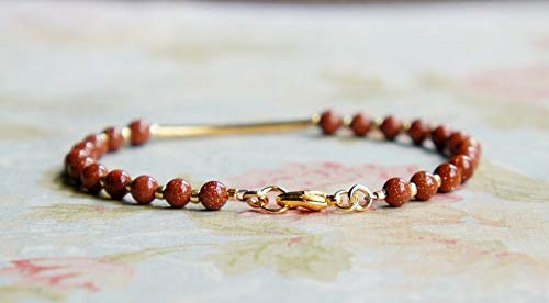 Precious-GEMS Jewelry Goldstone & Gold Seed Bead Bracelet - Dainty Gold Filled Bar Stacking Bracelet for Women, Minimalist Layering Bracelet for Everyday Wear, Gift for Her, Wedding, Party & Office