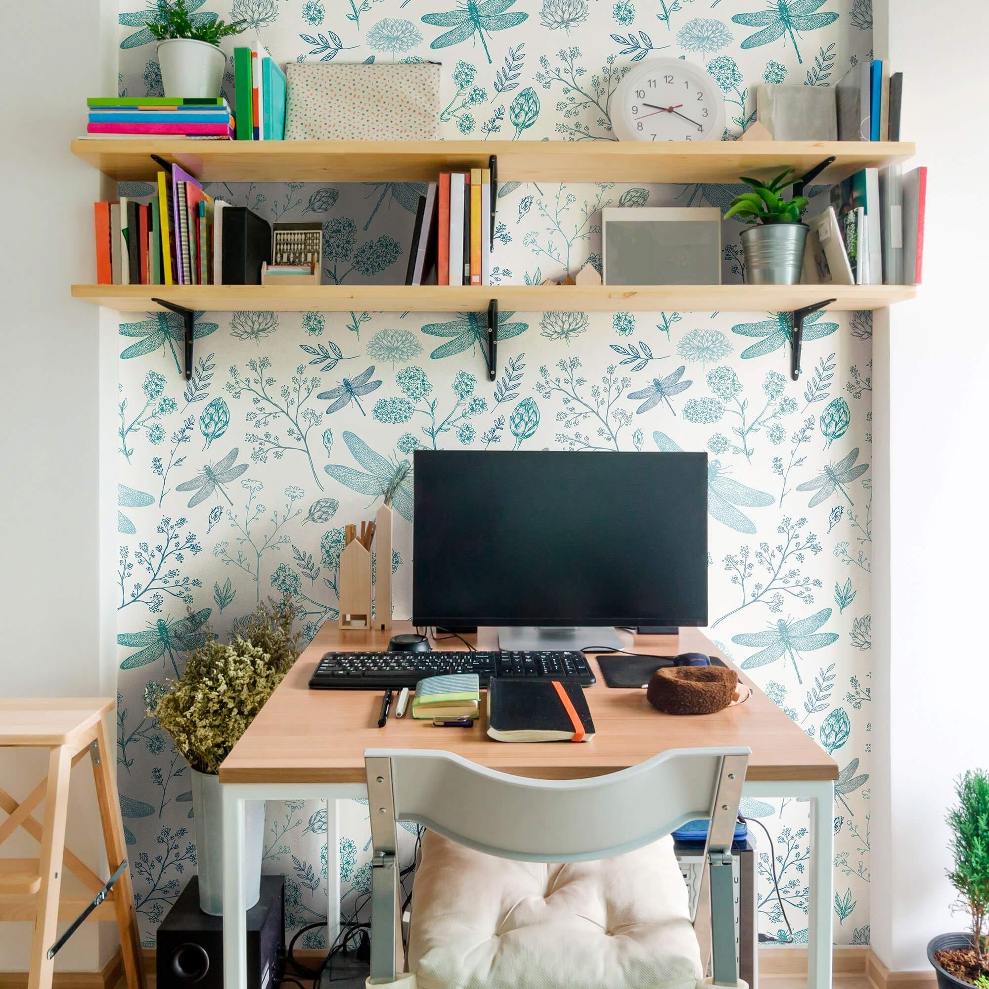 Navy Blue & Aqua Floral Animal Print Peel and Stick Removable Wallpaper - Self-Adhesive Decorative Wall Covering for Bedroom, Nursery, or Home Office Decor