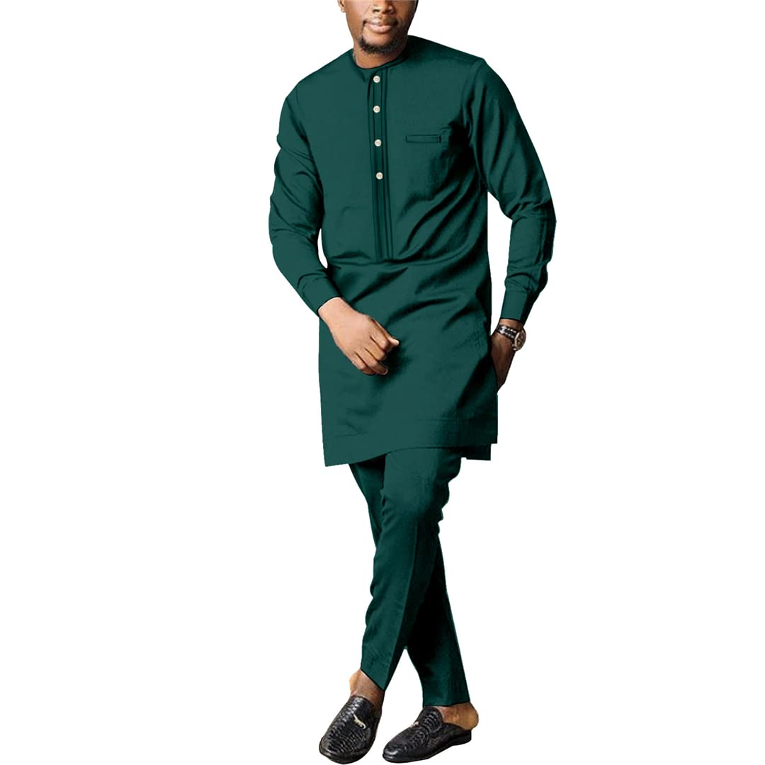 African Men's Long Sleeve Dashiki Shirt & Pants Set - Traditional Handmade Casual Outfit for Cultural Events, Weddings & Everyday Wear