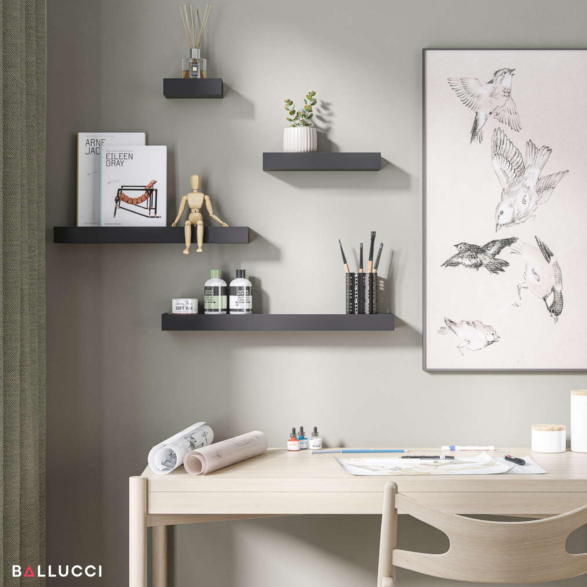 Ballucci Modern Ledge Wall Shelves - Set of 4 Wood Floating Shelves for Home Decor, Bedroom, Bathroom, Living Room, Kitchen & Nursery - Black - Perfect for Displaying Photos, Books & Decorative Items