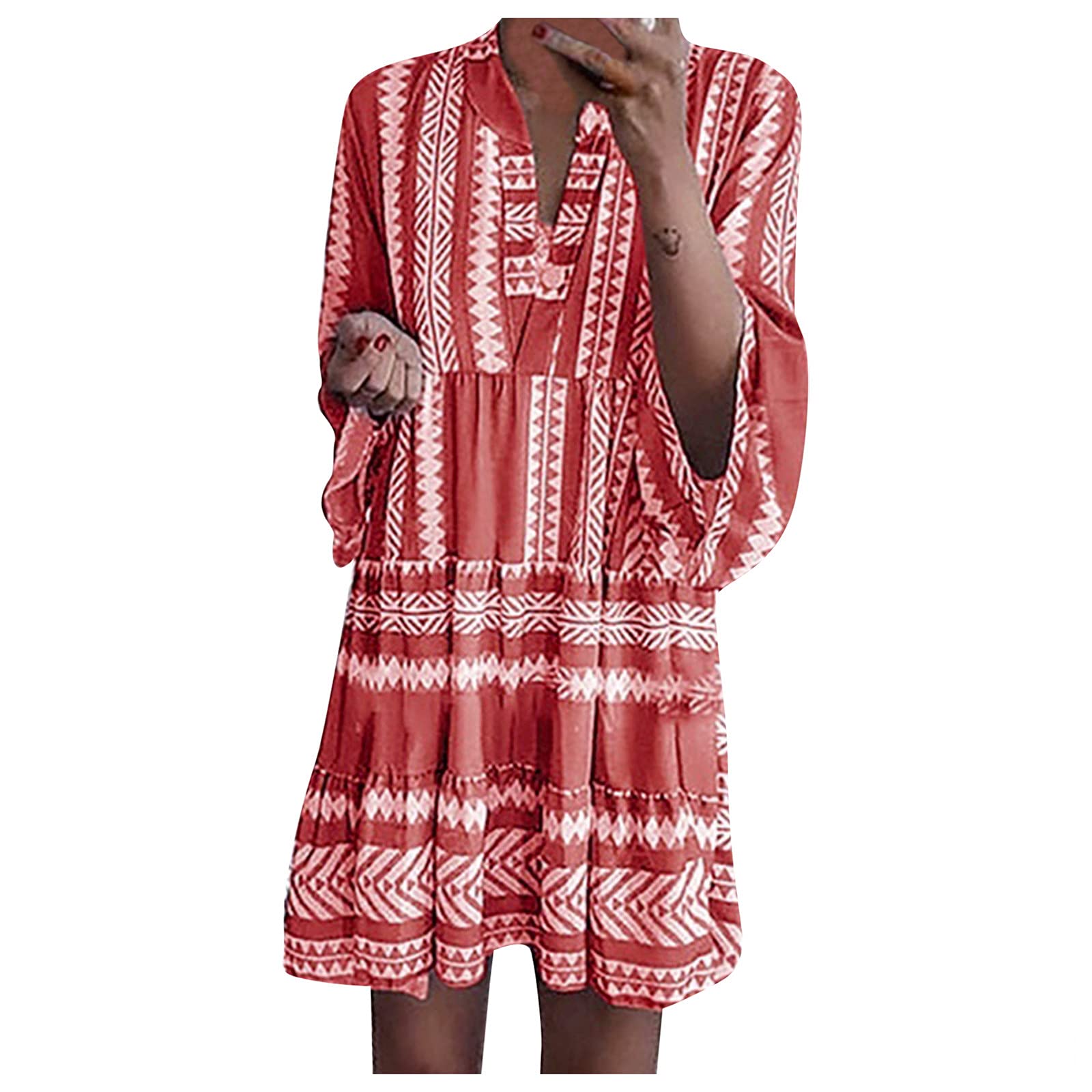 SNKSDGM Women's Long Sleeve V-Neck Printed Tunic Dress - Flowy Swing Maxi Dress for Summer, Party & Casual Wear - Plus Size White Dress for Women | Perfect for Beach Outings, Date Nights & Office Wear