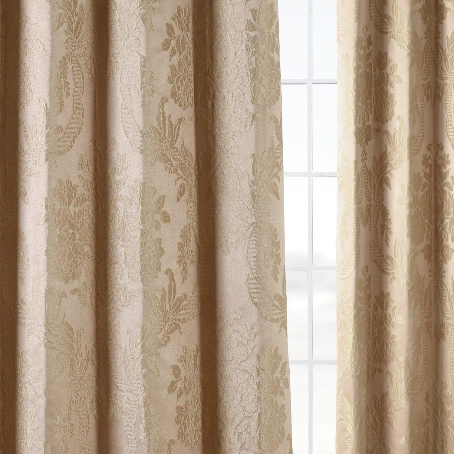 Magdelena Beige & Gold Damask Faux Silk Jacquard Custom Curtains - Luxury Window Treatments for Living Room, Bedroom & Dining Room