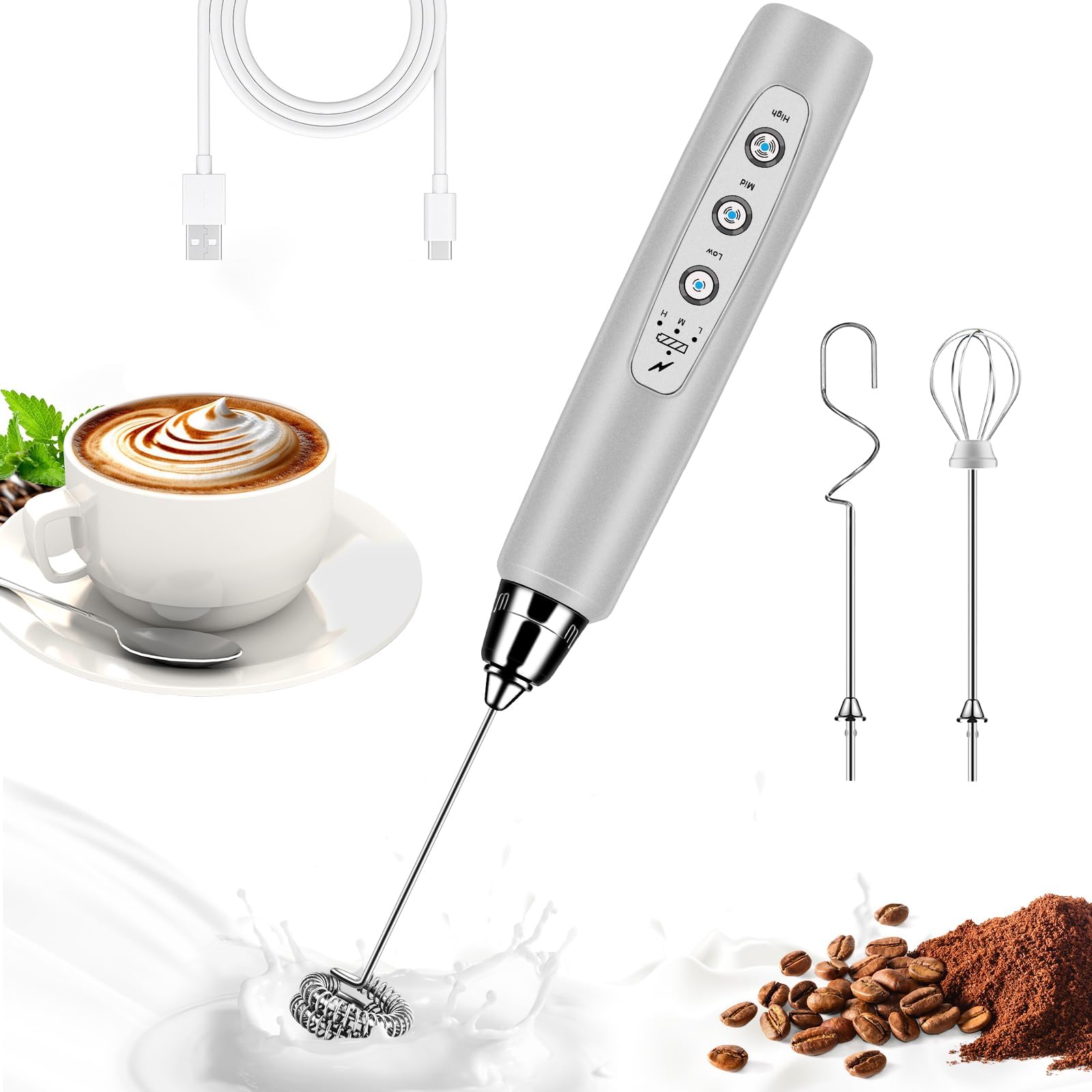 Electric Milk Frother Handheld - 3 Speed Adjustable Rechargeable Drink Mixer with Stainless Steel Whisk, Perfect for Coffee, Latte, Cappuccino, Matcha & Egg Foam - Ideal for Home, Office & Cafe Use