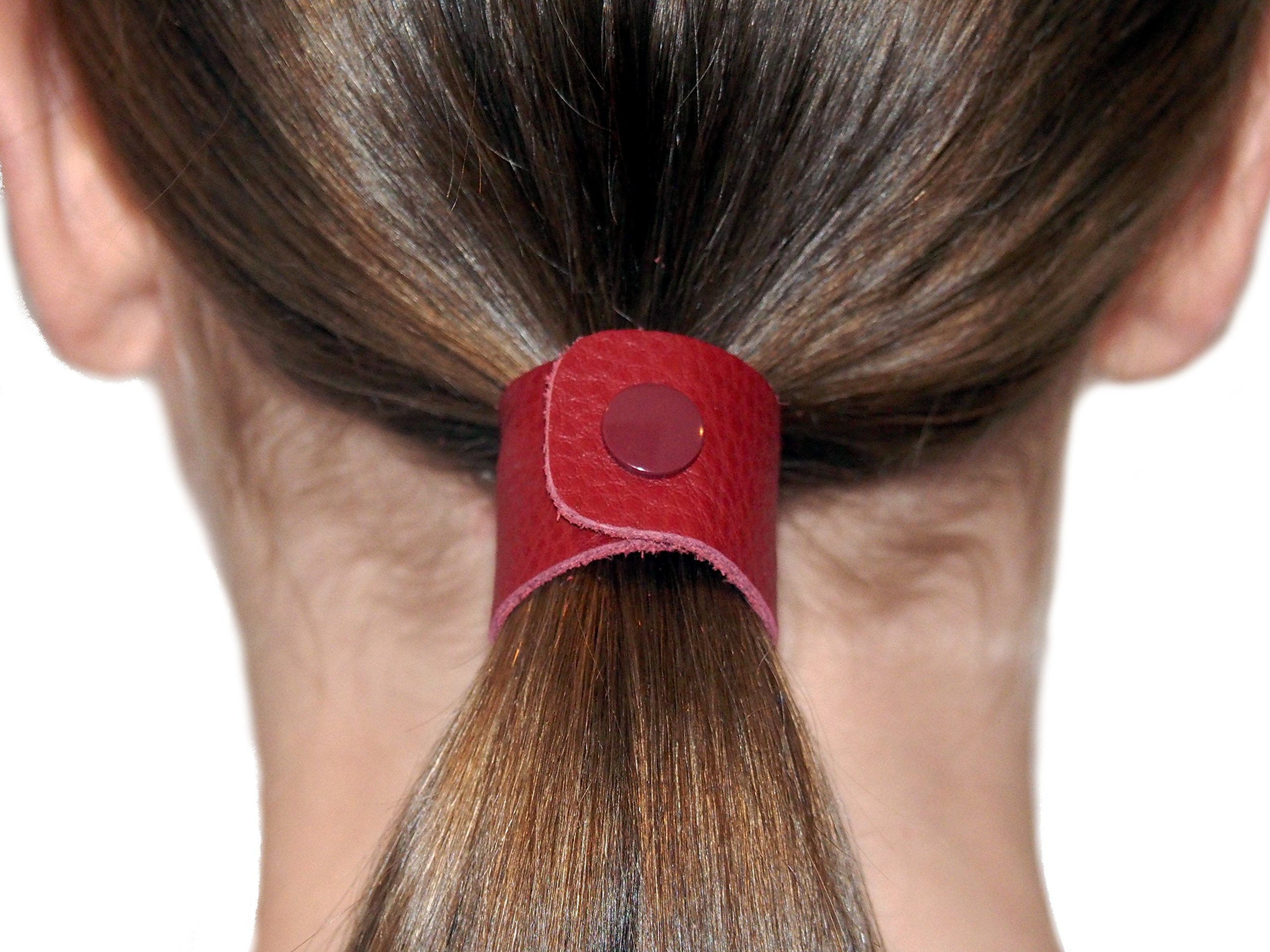 Premium Leather Hair Ties for Women & Men - Soft Ponytail Holders for Long Hair - Cherry Red Hair Accessories - Perfect for Workouts, Office & Everyday Styling