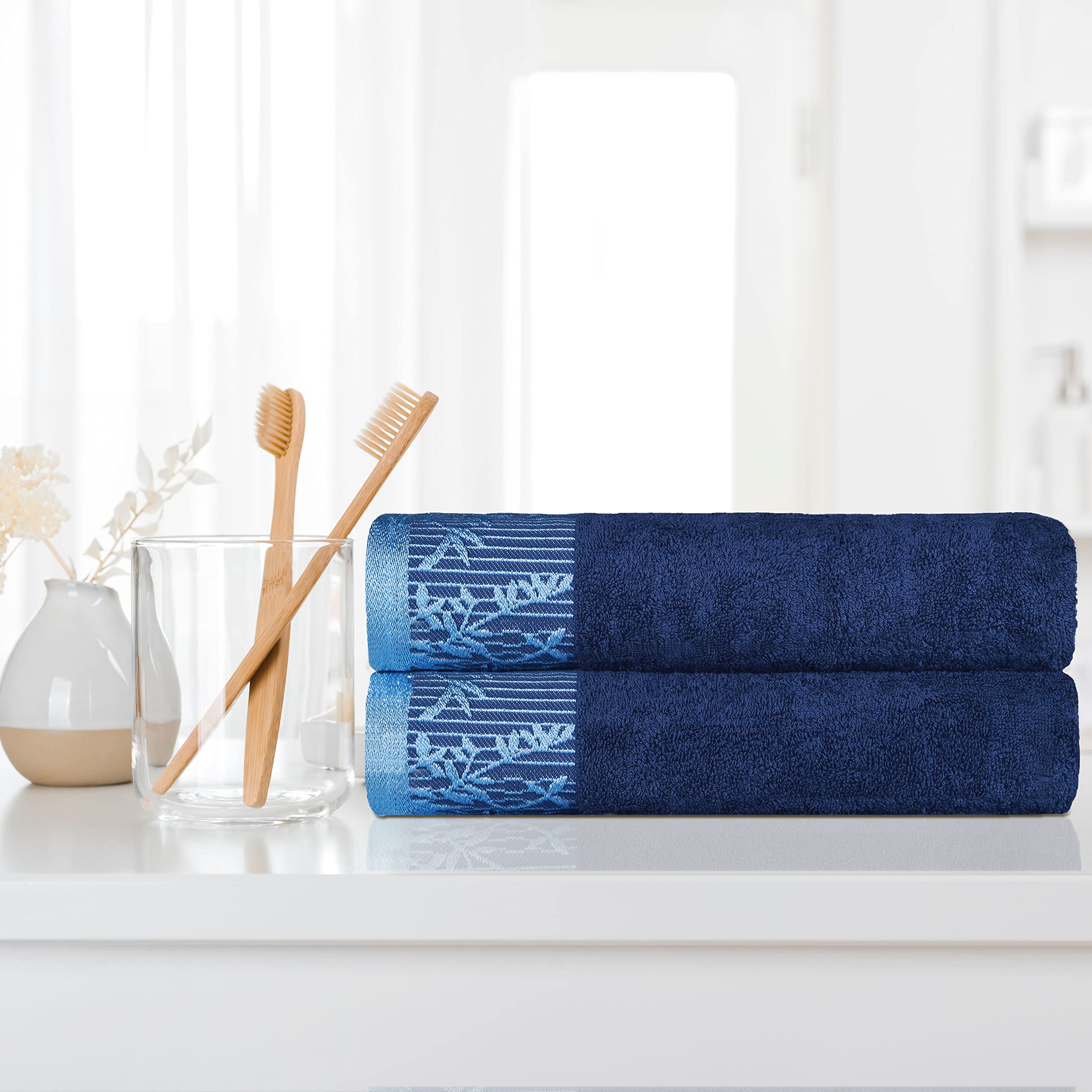 Premium Cotton Bath Towels Set of 2 - Soft Floral Jacquard Dobby Border Bathroom Towels for Adults & Kids | Luxury Spa, Hotel & Home Essentials | Wisteria Collection in Navy Blue - Perfect for Bath, Beach & Airbnb Stays
