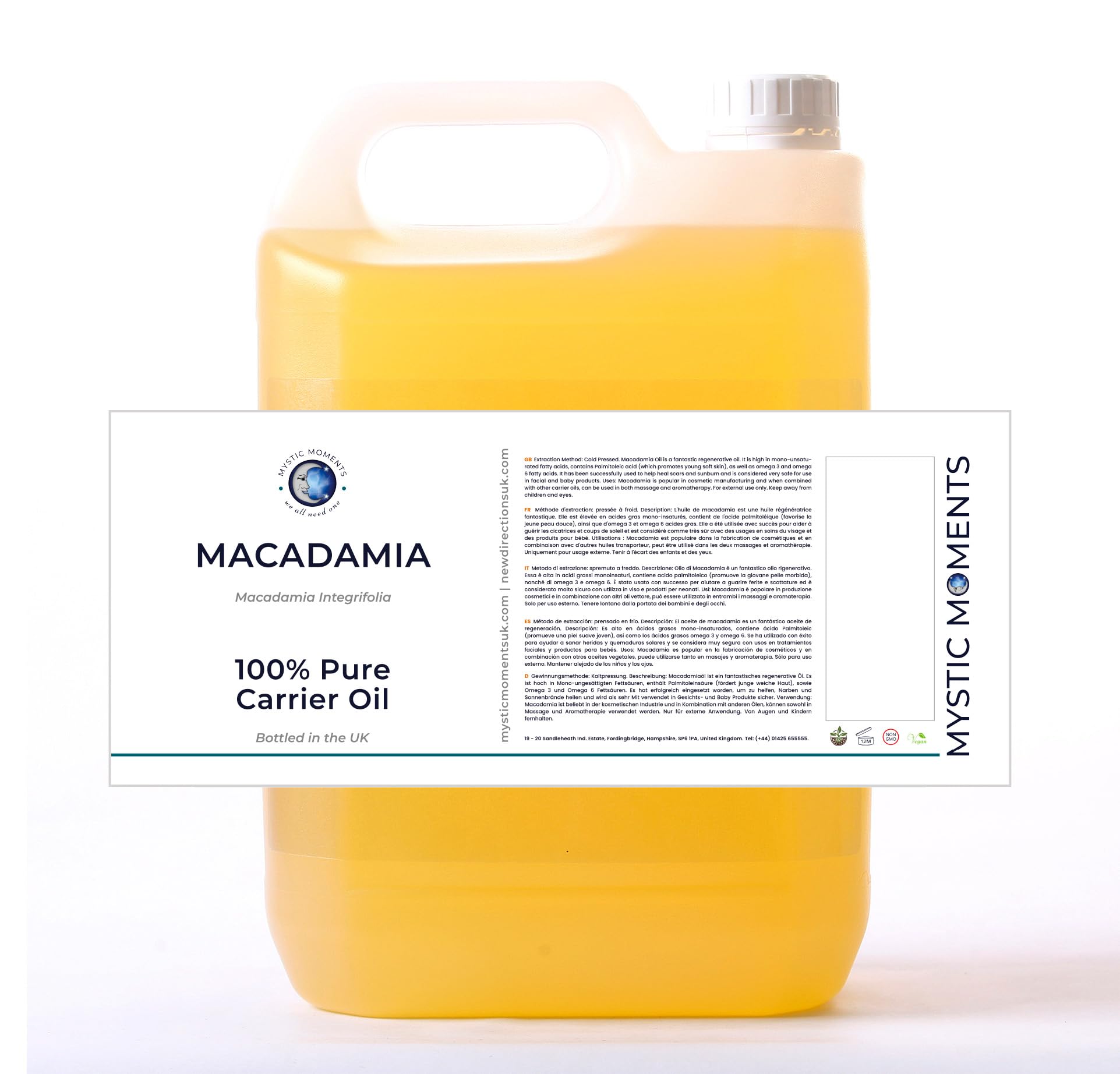 Pure & Natural Macadamia Carrier Oil 5 Litres - Cold Pressed, Vegan, GMO-Free for Hair Care, Skin Moisturizing, Nail Treatment, Aromatherapy & Massage | Perfect for DIY Beauty Recipes & Essential Oil Dilution