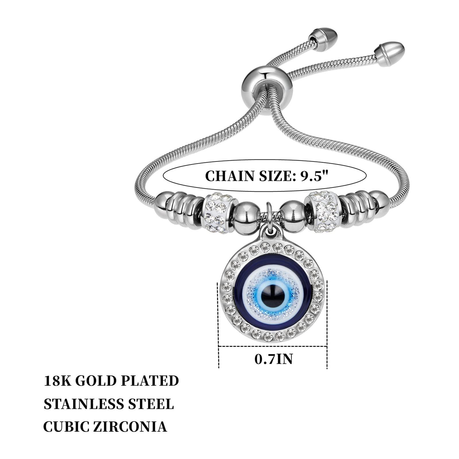 18k Gold Plated Silver Evil Eye Bracelet - Adjustable Evil Eye Charm Bracelet for Women | Protection Jewelry for Good Luck & Positive Energy | Perfect for Everyday Wear, Gifts & Spiritual Healing