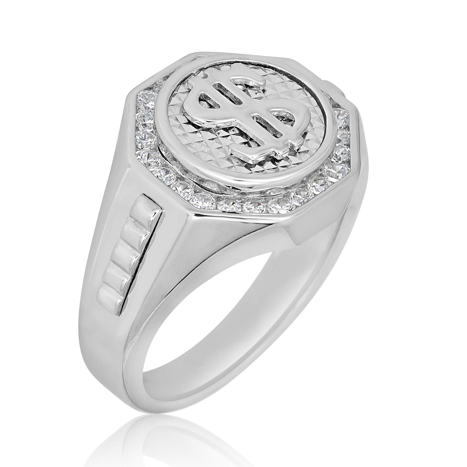 AVORA 925 Sterling Silver Men's CZ Diamond Dollar Sign Ring for Hip Hop Style - Perfect for Parties, Gifts & Street Fashion