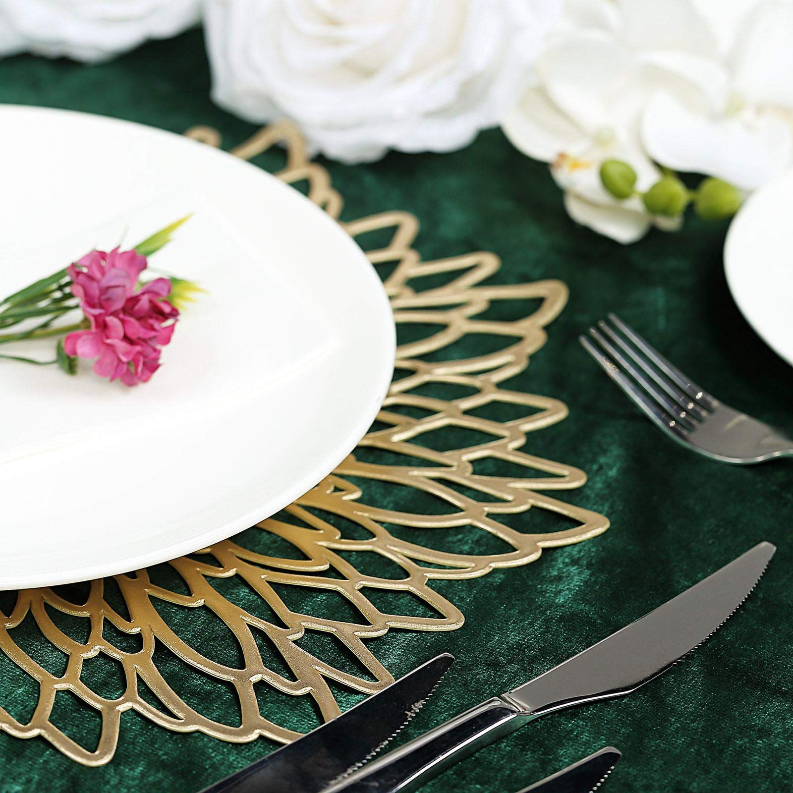 6 Pack Gold Floral Vinyl Placemats - 15 Inch Non-Slip Dining Table Mats for Everyday Use, Dinner Parties & Home Decor