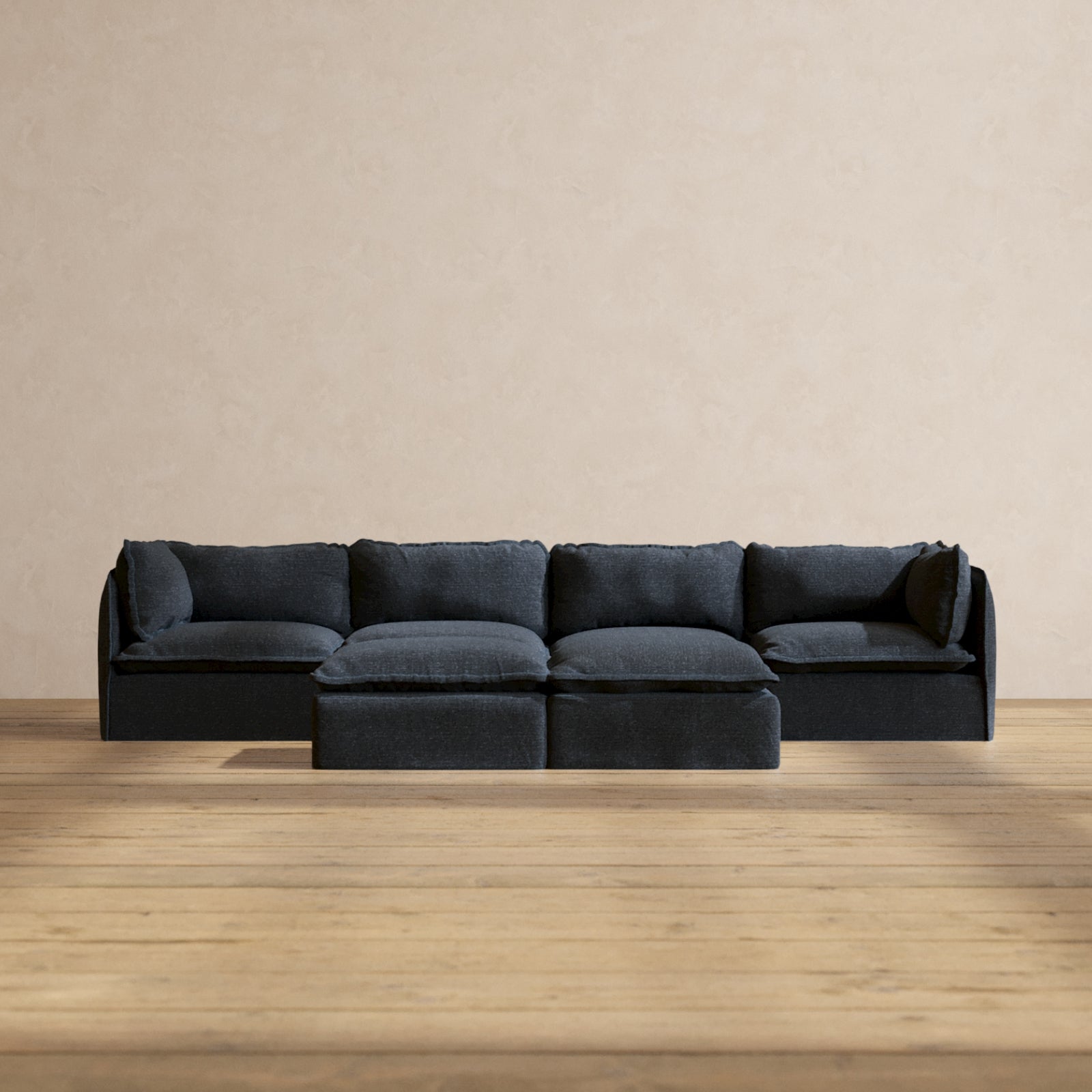 Premium Modular Performance 4-Seater Sofa with Bench Ottoman in Indigo Blue | Luxury Fabric Blend | Perfect for Living Room, Family Room & Home Theater Seating