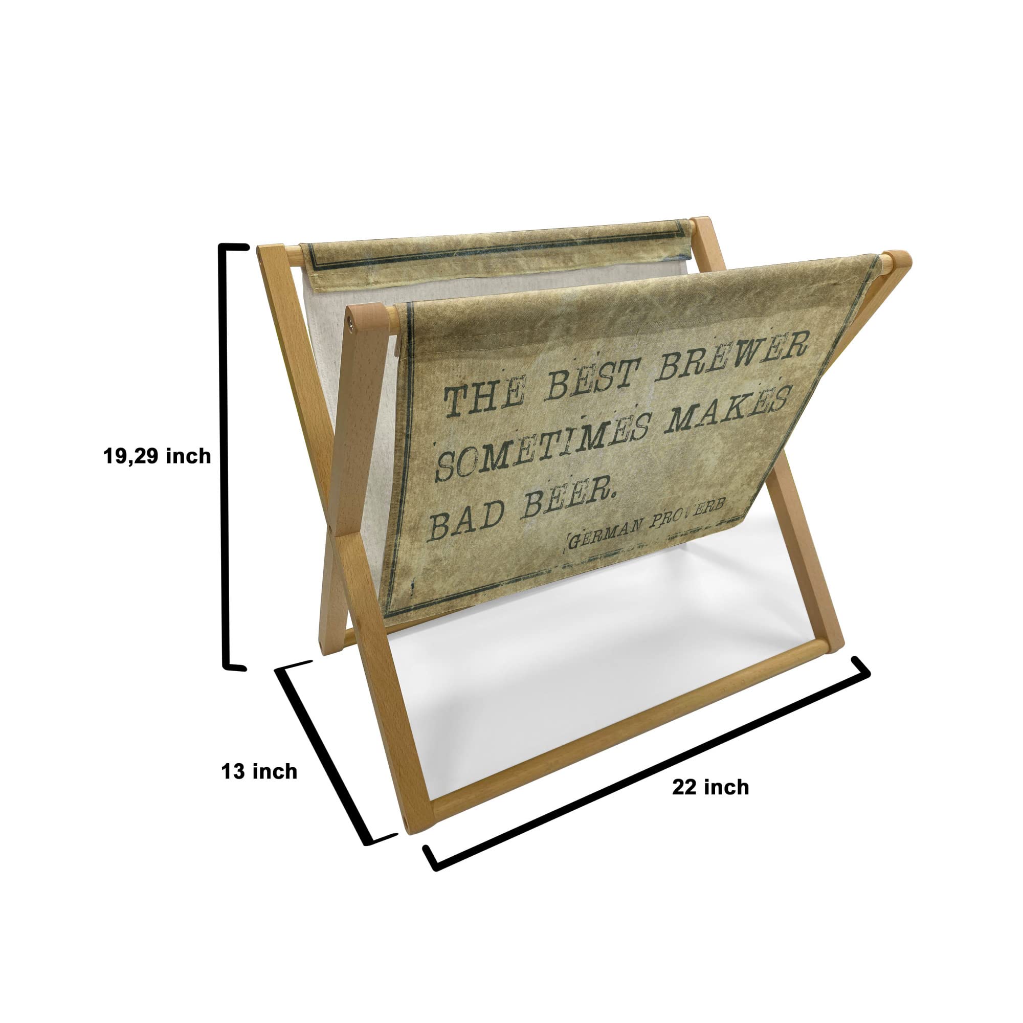 Lunarable Man Cave Magazine & Book Holder - German Proverb Wisdom Brewer Beer Philosophy Design - 22x19 Inch Floor Rack Organizer for Office, Home, School - Pale Brown Army Green - Perfect for Home Libraries, Man Caves & Reading Nooks