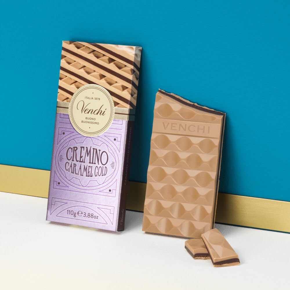 Venchi Gold Caramel Cremino Chocolate Bar 3.52 oz - Premium Dark Chocolate with Almond Paste, White Chocolate & Caramel Layers - Gluten Free Italian Gourmet Chocolate - Perfect for Gifts, Desserts & Coffee Pairing