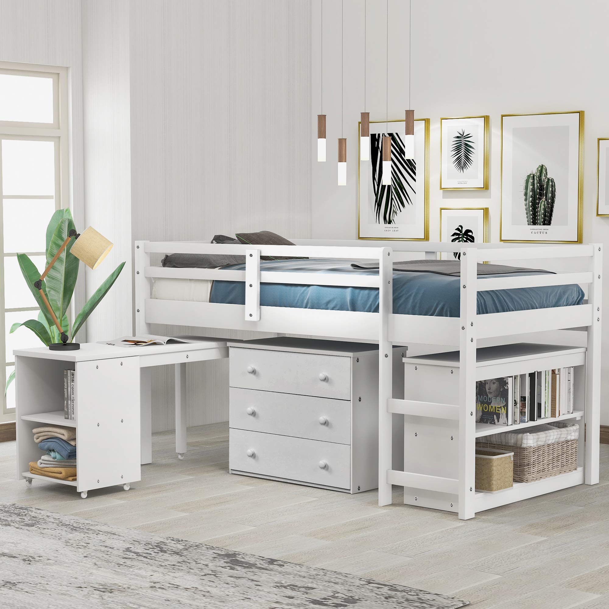 **DERCASS White Loft Bed with Cabinet & Storage Drawers - Twin Study Bed Frame with 2-Tier Bookshelf & Rolling Desk for Kids, Teens, Boys & Girls - Perfect for Bedroom, Guest Room & Small Spaces**
