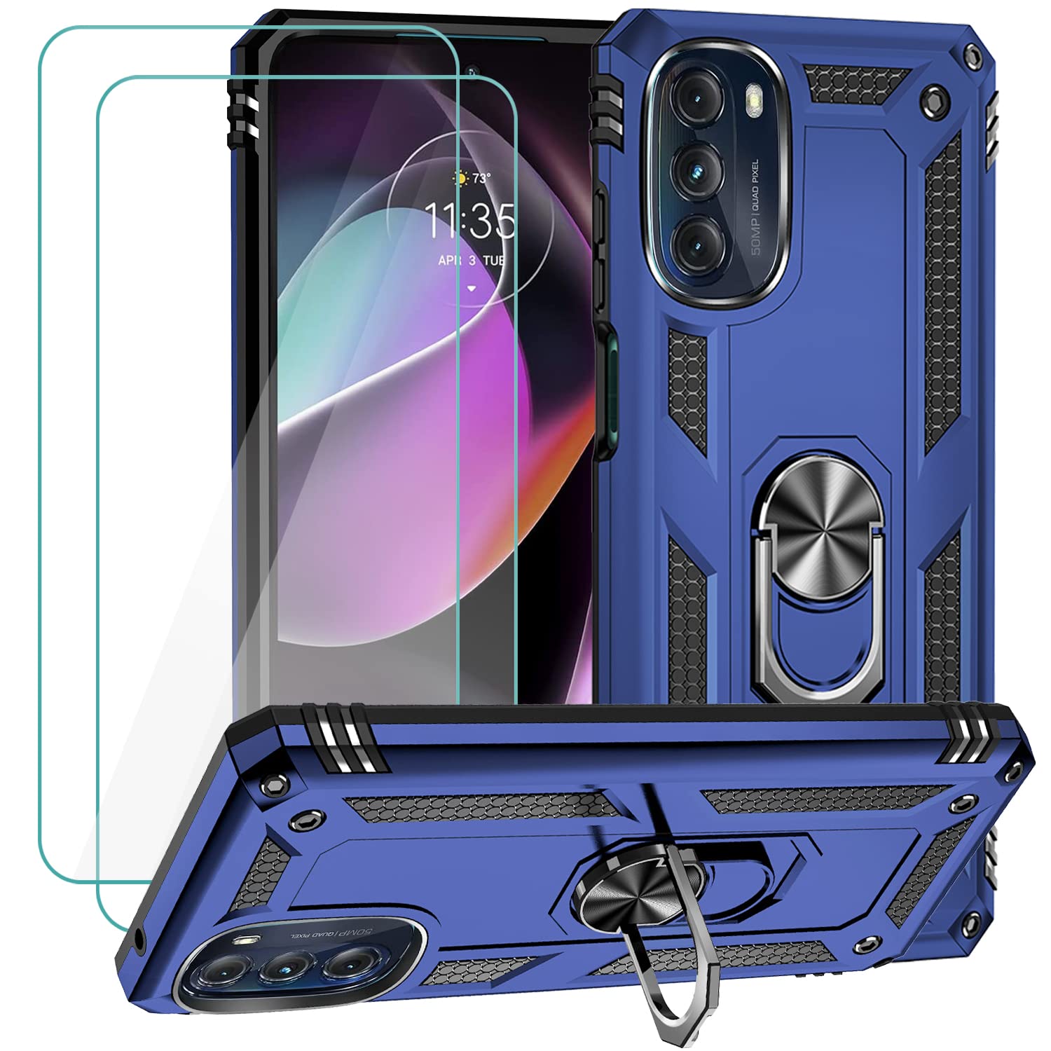 Military-Grade Shockproof Case for Motorola Moto G 5G 2022 with Magnetic Kickstand & 2 Pack Tempered Glass Screen Protectors - Blue | Perfect for Outdoor Activities, Work & Travel Protection