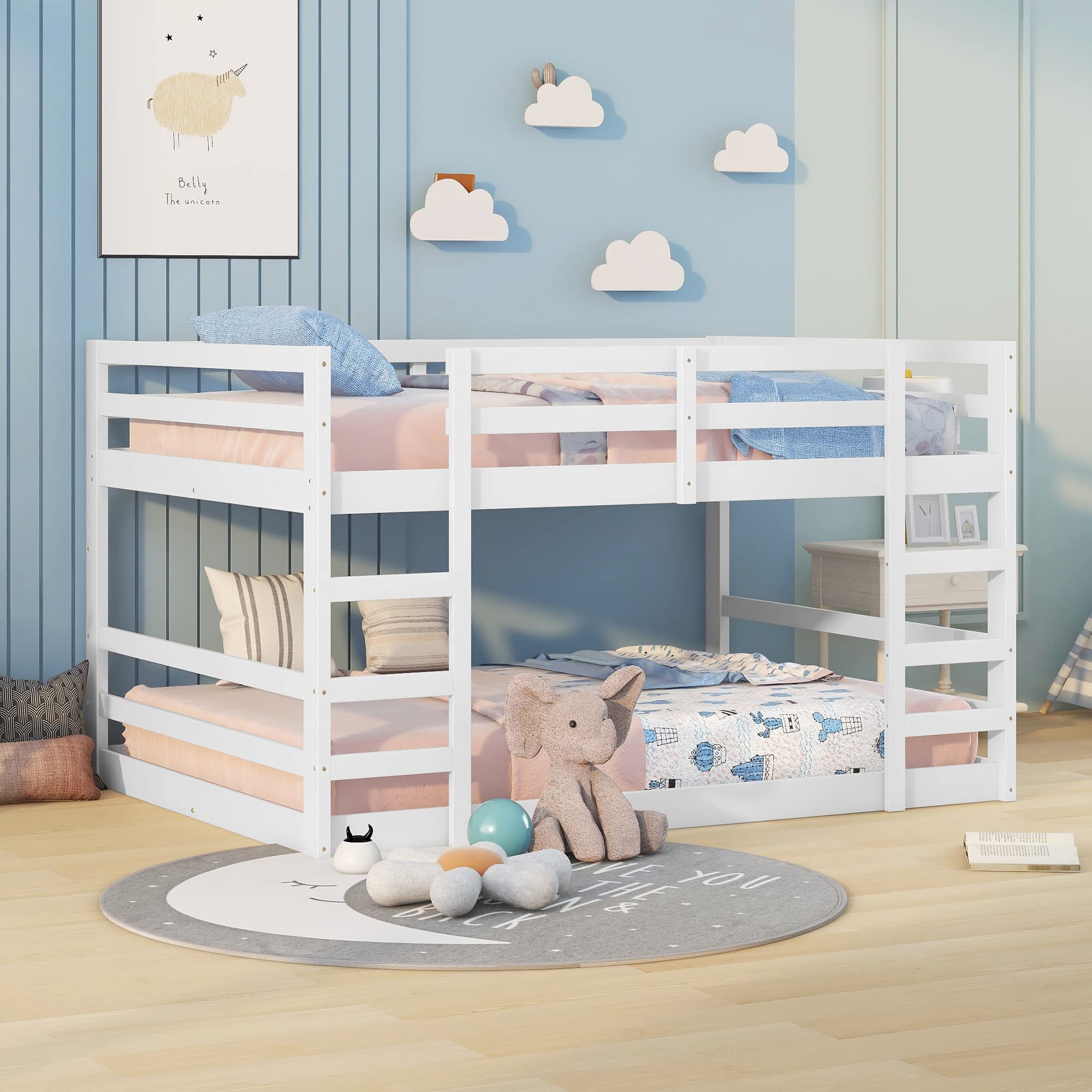 Twin Over Twin Wooden Bunk Bed Frame for Kids & Teens - Low Profile Floor Bunkbed for Boys, Girls, Toddlers - Perfect for Small Bedrooms, Dorms & Shared Kids' Rooms (White)