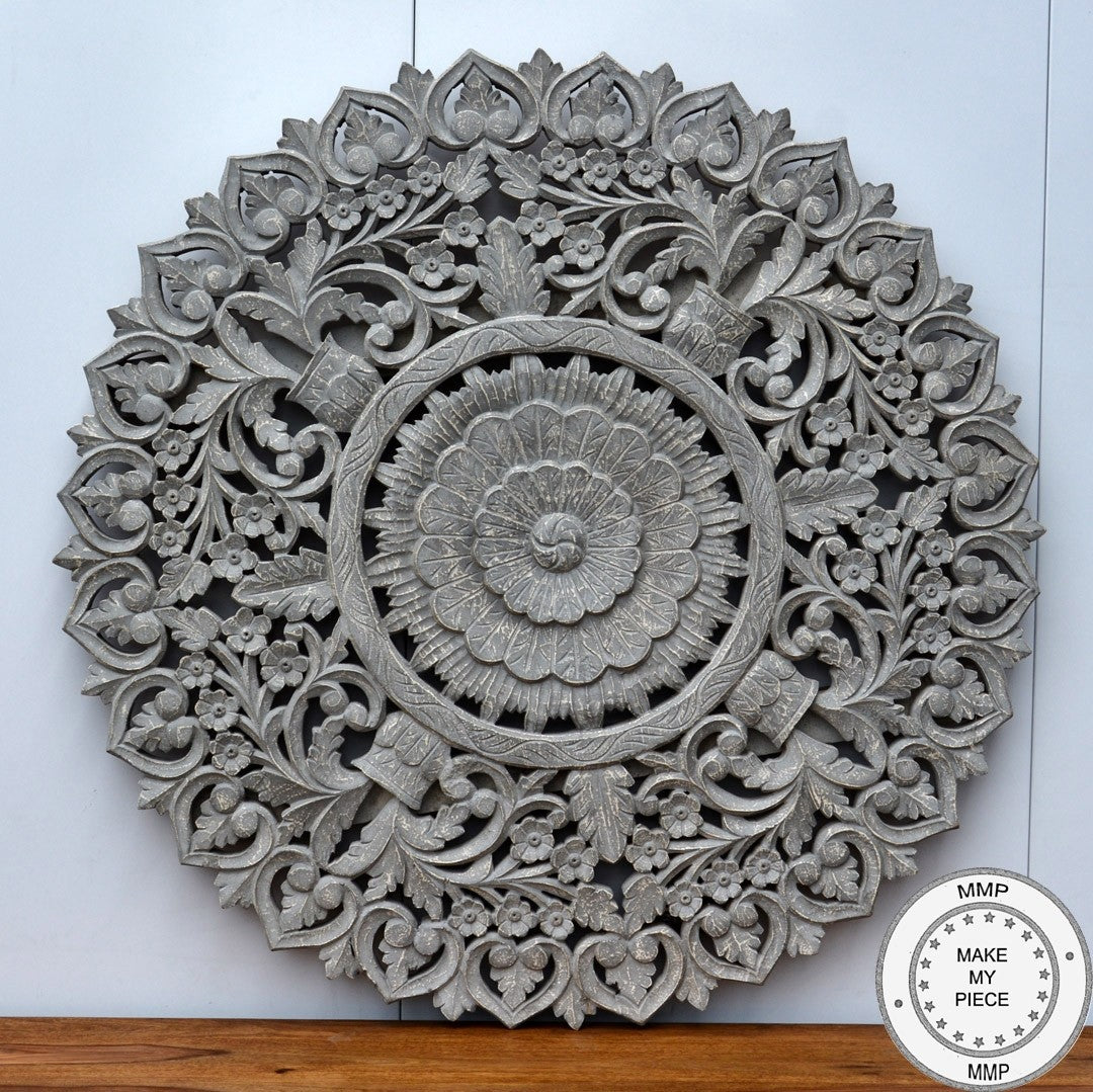 Hand Carved Indian Wooden Round Wall Decor Panel - Traditional Grey Wood Art for Home & Office Decoration | Perfect for Living Room, Bedroom, and Meditation Spaces