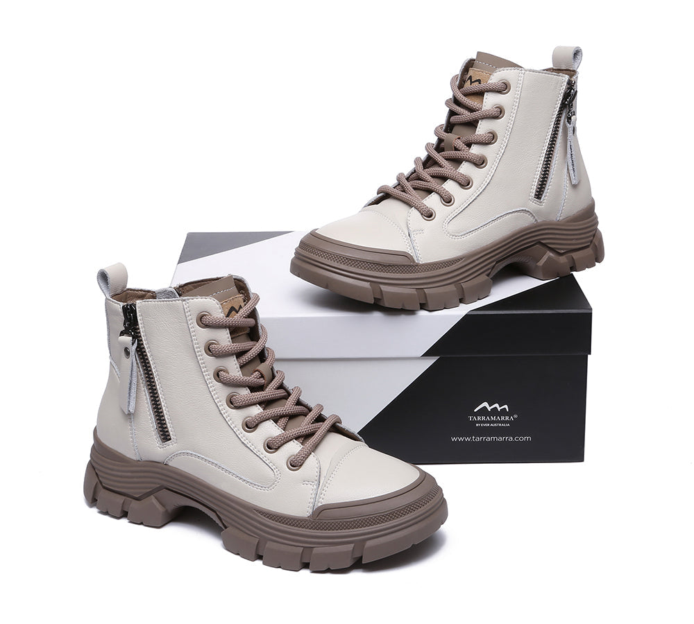 TARRAMARRA® Women's Chunky Leather Boots with Lace-Up & Zipper - Stylish Lorrine Design for Fall Fashion, Outdoor Walking & Casual Wear