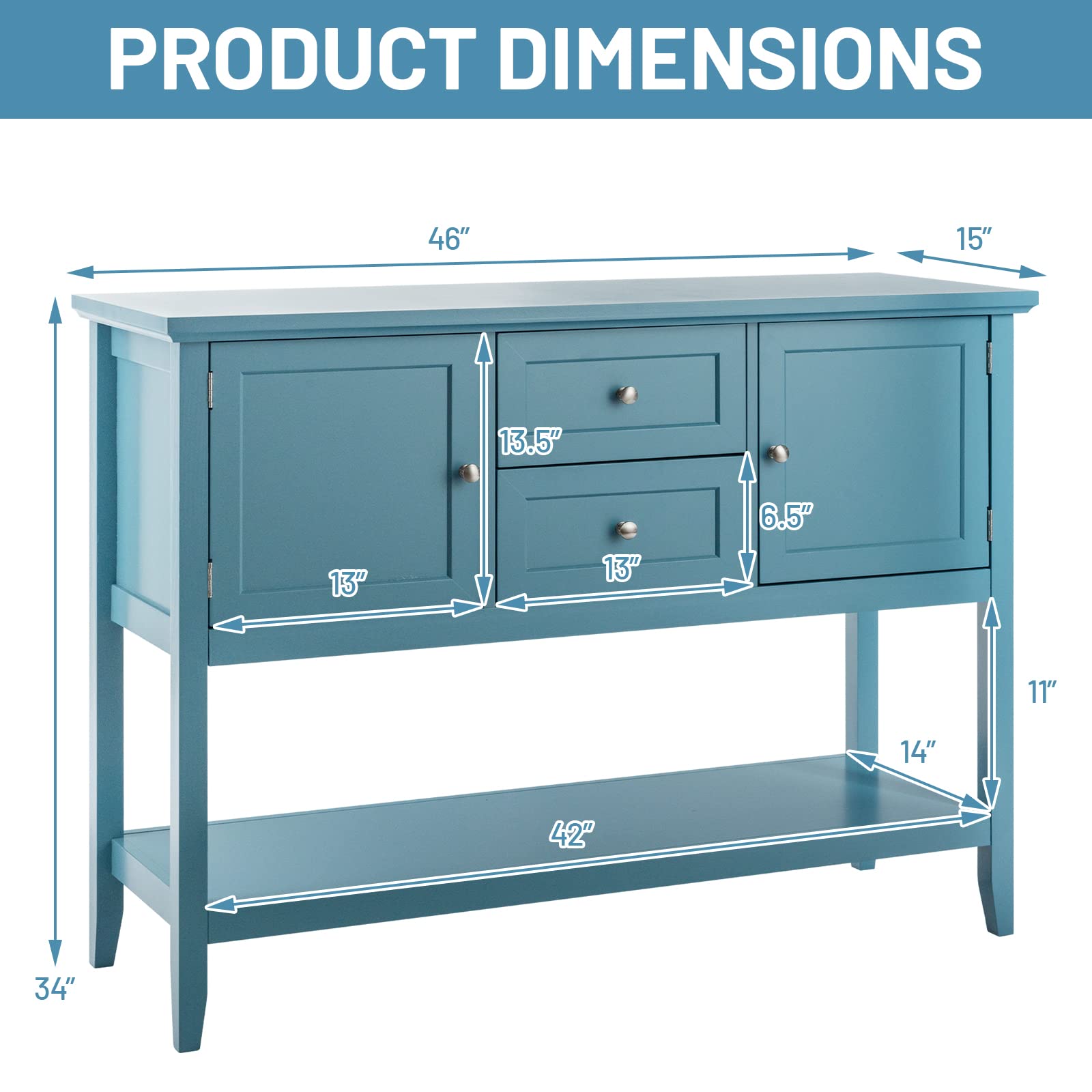 COSTWAY Buffet Sideboard with 2 Wood Storage Drawers & Open Shelf | Modern Console Table for Living Room, Kitchen & Dining Room Furniture | Blue Storage Cabinet for Home Organization & Entertaining