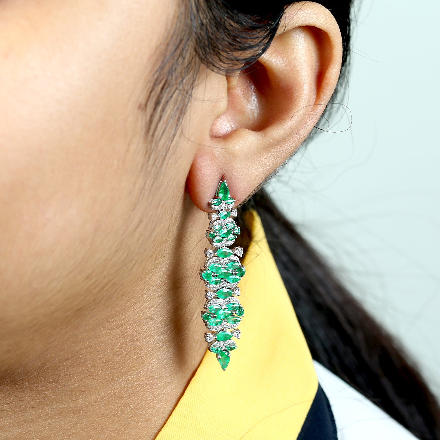 14K White Gold Marquise Emerald Gemstone Pave Diamond Chandelier Earrings for Wedding, Party & Special Occasions