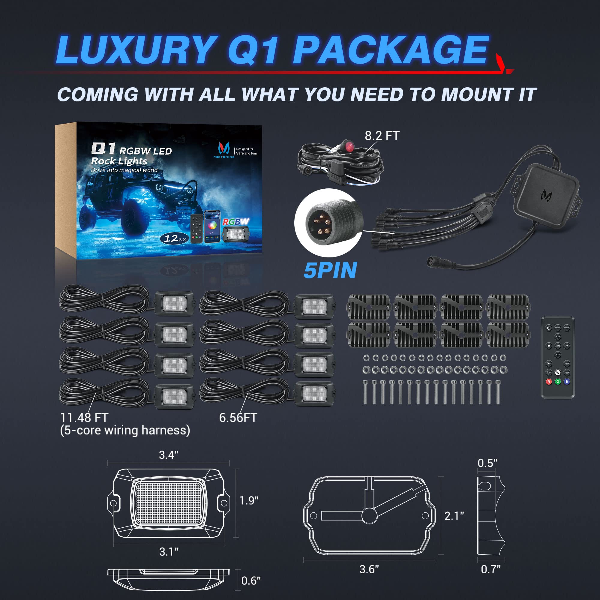 MICTUNING Q1 RGBW LED Rock Lights - 8 Pods Underglow Multicolor Neon Light Kit with Bluetooth App & Remote Control, Wiring Switch, Music Sync Mode - Perfect for Truck, ATV, UTV, RZR Off-Road Lighting & Custom Vehicle Styling