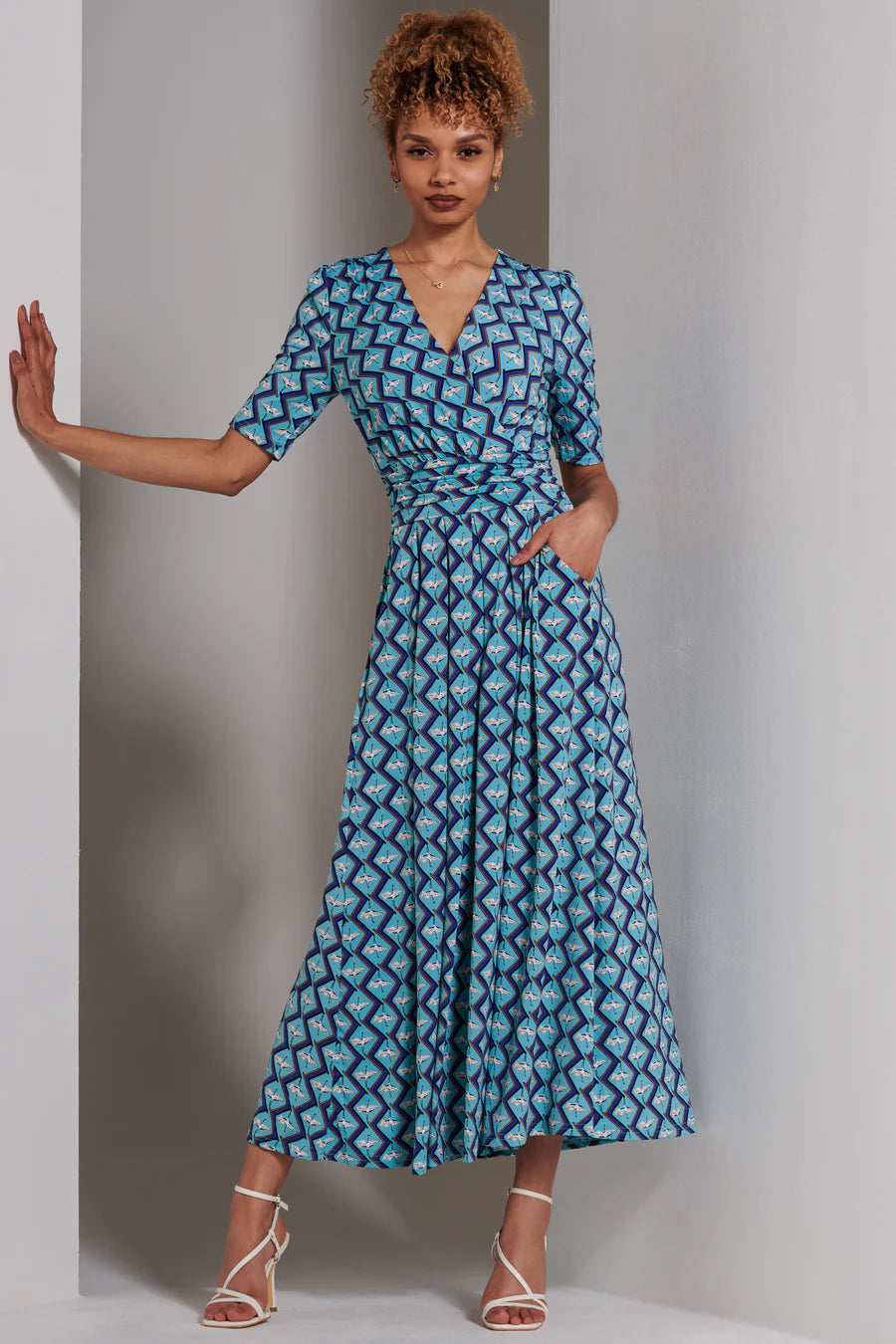 Bree Half Sleeve Jersey Maxi Dress - Green Geometric Print Flowy Summer Dress for Women | Perfect for Beach Vacation, Date Night & Casual Outings