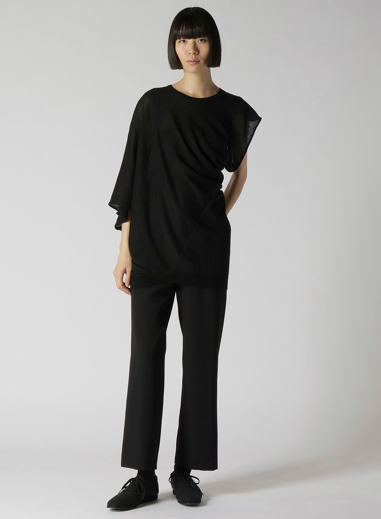 14G1P Low Tension Plain Stitch Drape Detail Short Sleeve Pullover Sweater - Casual Comfort Wear for Everyday Outfits & Layering