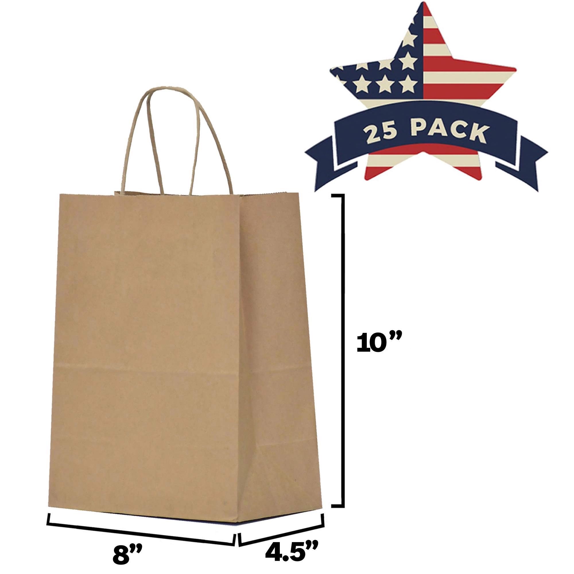 Qutuus 25-Pack Kraft Paper Gift Bags with Handles 8x4.5x10 Inches - Eco-Friendly Brown Medium Size Shopping Bags for Small Business, Retail, Parties & Events | Perfect for Gift Wrapping, Wedding Favors & Store Packaging