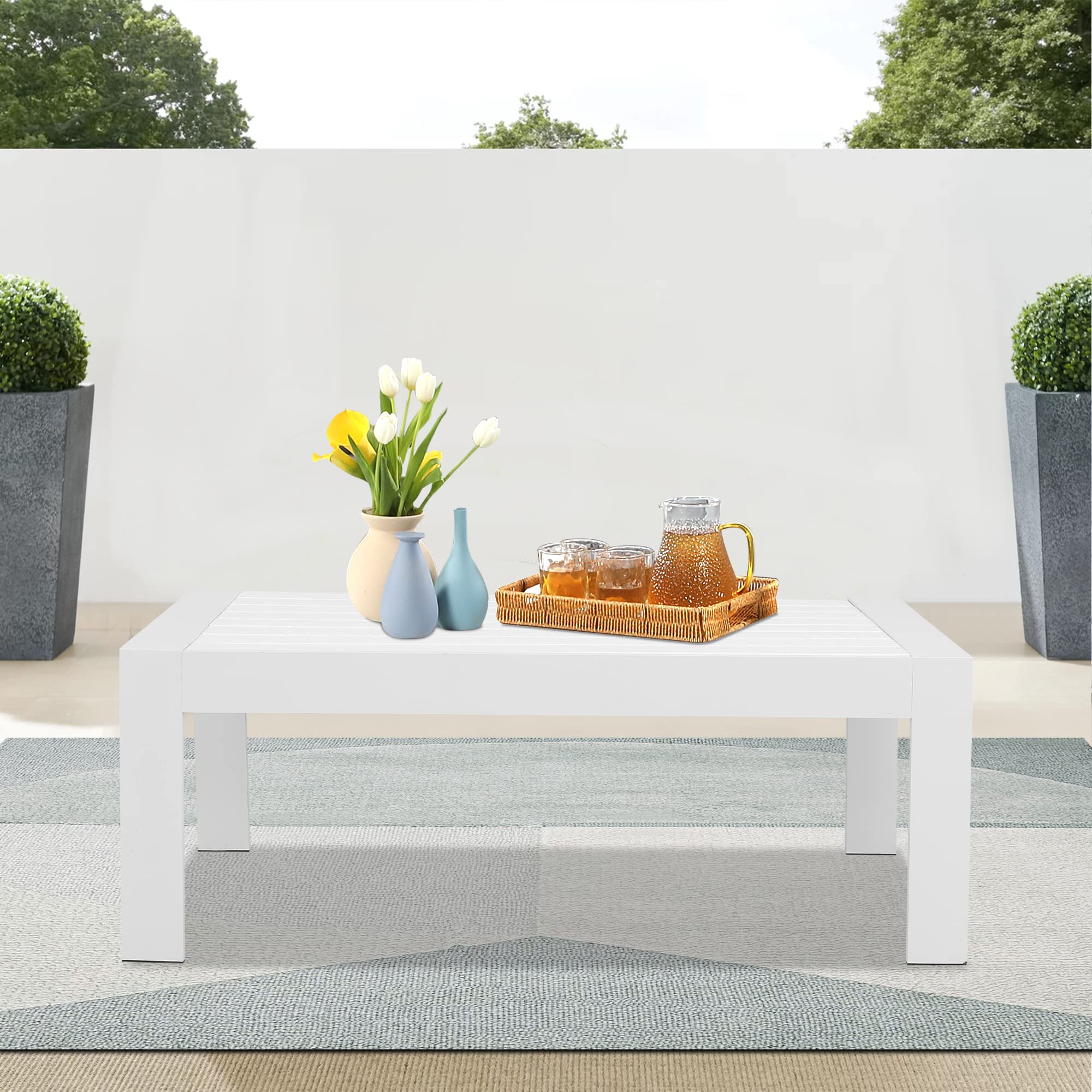 Wisteria Lane White Aluminum Outdoor Patio Coffee Table - All-Weather Metal Rectangle Coffee Table for Balcony, Garden & Backyard - Perfect for Outdoor Entertaining & Relaxation