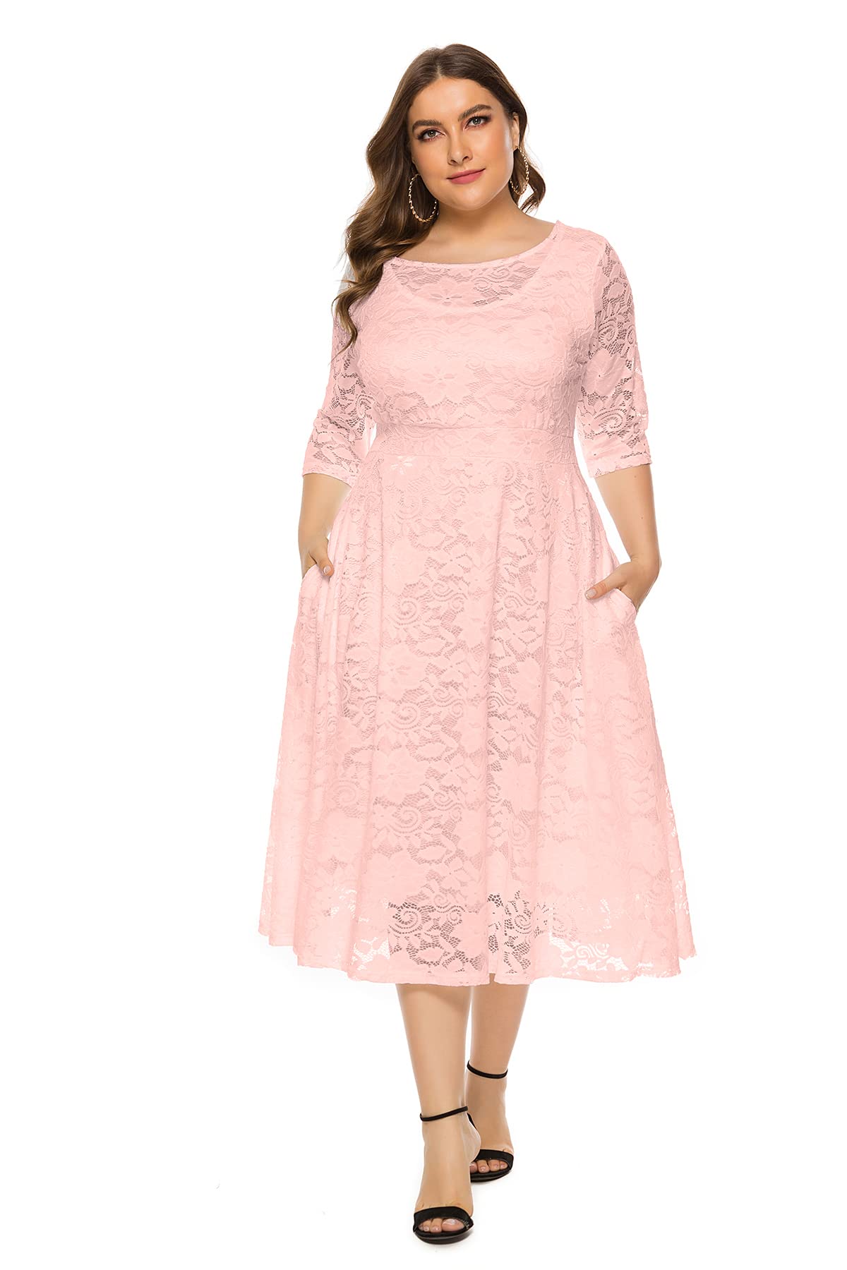 Eternatastic Women's Floral Lace Plus Size Midi Dress - Scoop Neck Cocktail Party Dress for Wedding Guest, Evening Events & Special Occasions