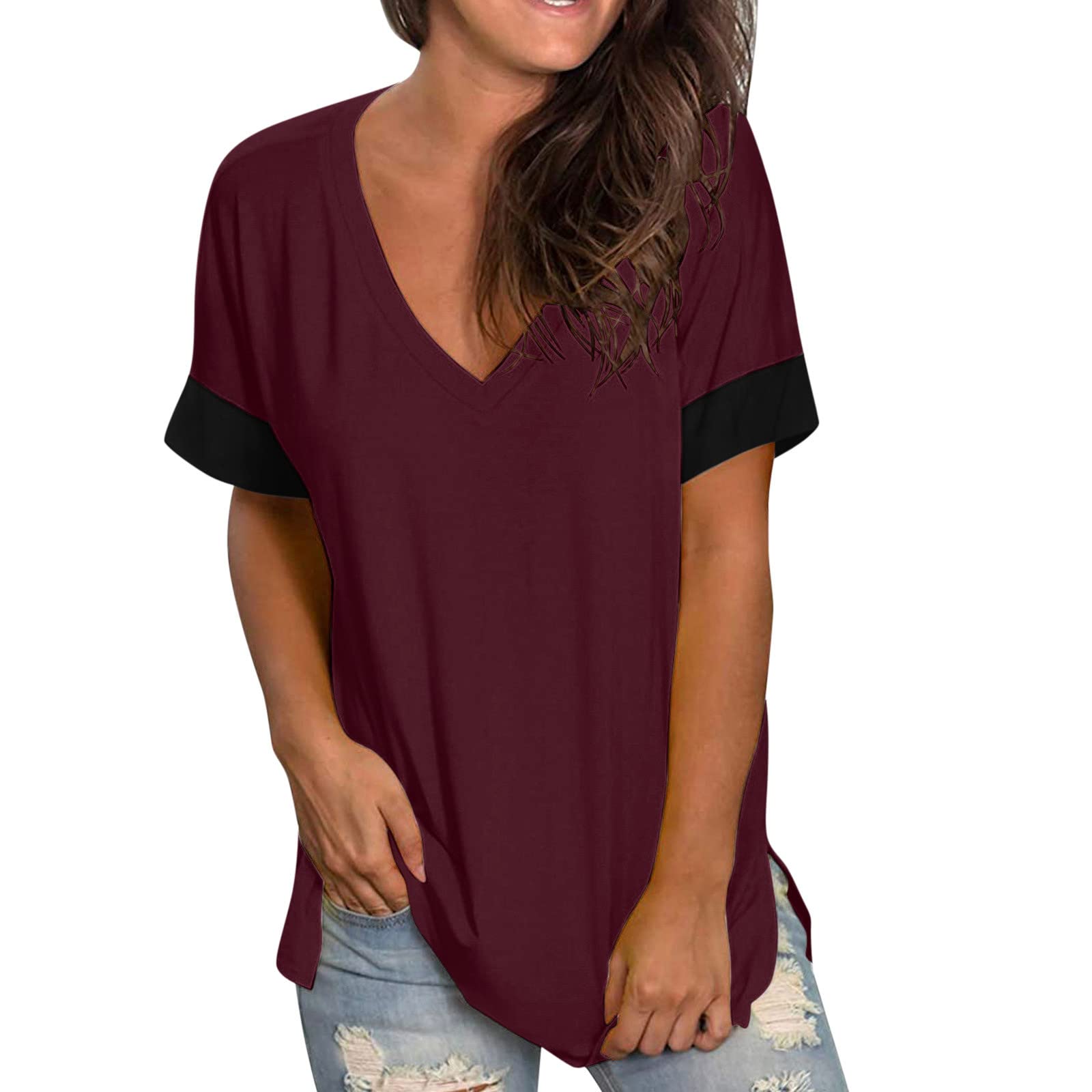 Women's Quick Dry V-Neck Short Sleeve Tunic Top - Breathable Summer T-Shirt with Solid Panel Design | Perfect for Yoga, Travel & Casual Wear