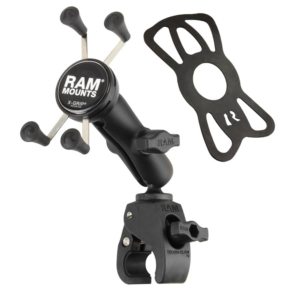 RAM MOUNTS X-Grip Small Phone Mount with RAM Tough-Claw Small Clamp Base & Medium Arm - Secure Motorcycle, ATV/UTV, Bike Mount for Navigation & Adventure