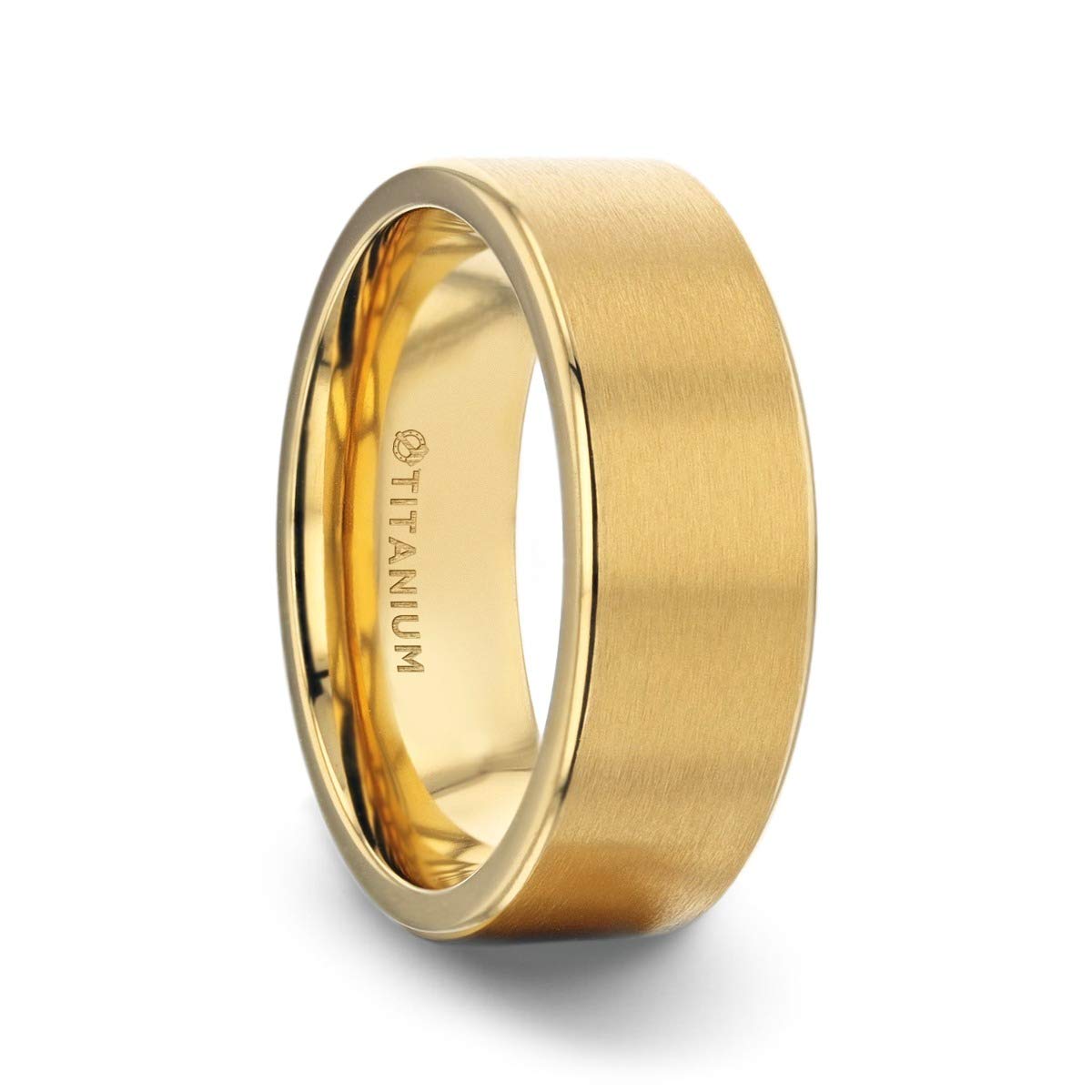 Aureliano Men's Wedding Band - 8mm Yellow Gold Plated Titanium Ring with Flat Brushed Finish & Polished Edges - Perfect for Engagement, Anniversary & Special Occasions