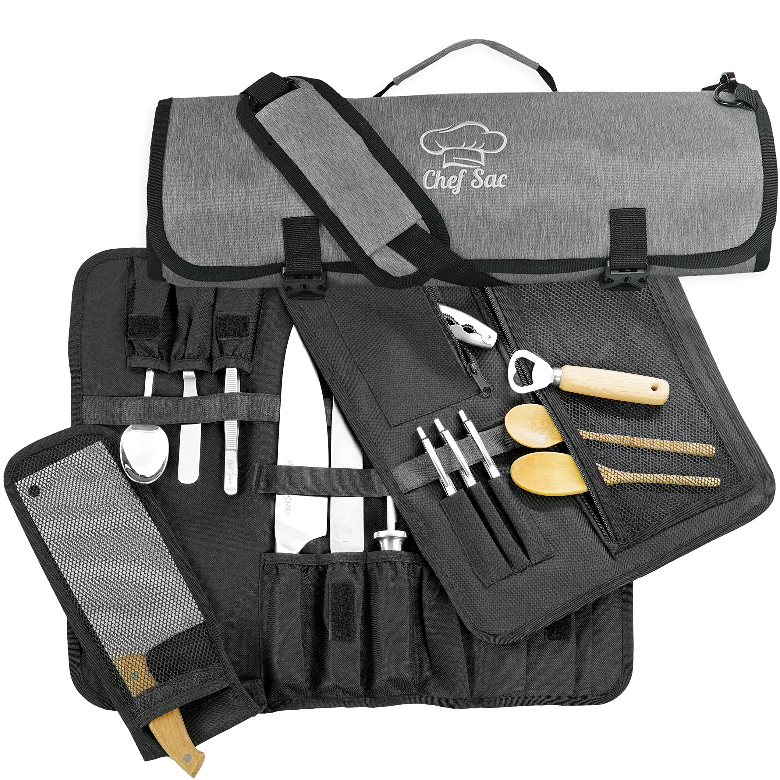 Professional Chef Knife Roll Bag - 8+ Slots for Knives & Kitchen Tools | Water Resistant Knife Carrying Case (Grey) | Perfect for Culinary Students & Professional Chefs | Ideal for Cooking Classes, Restaurant Work & Travel
