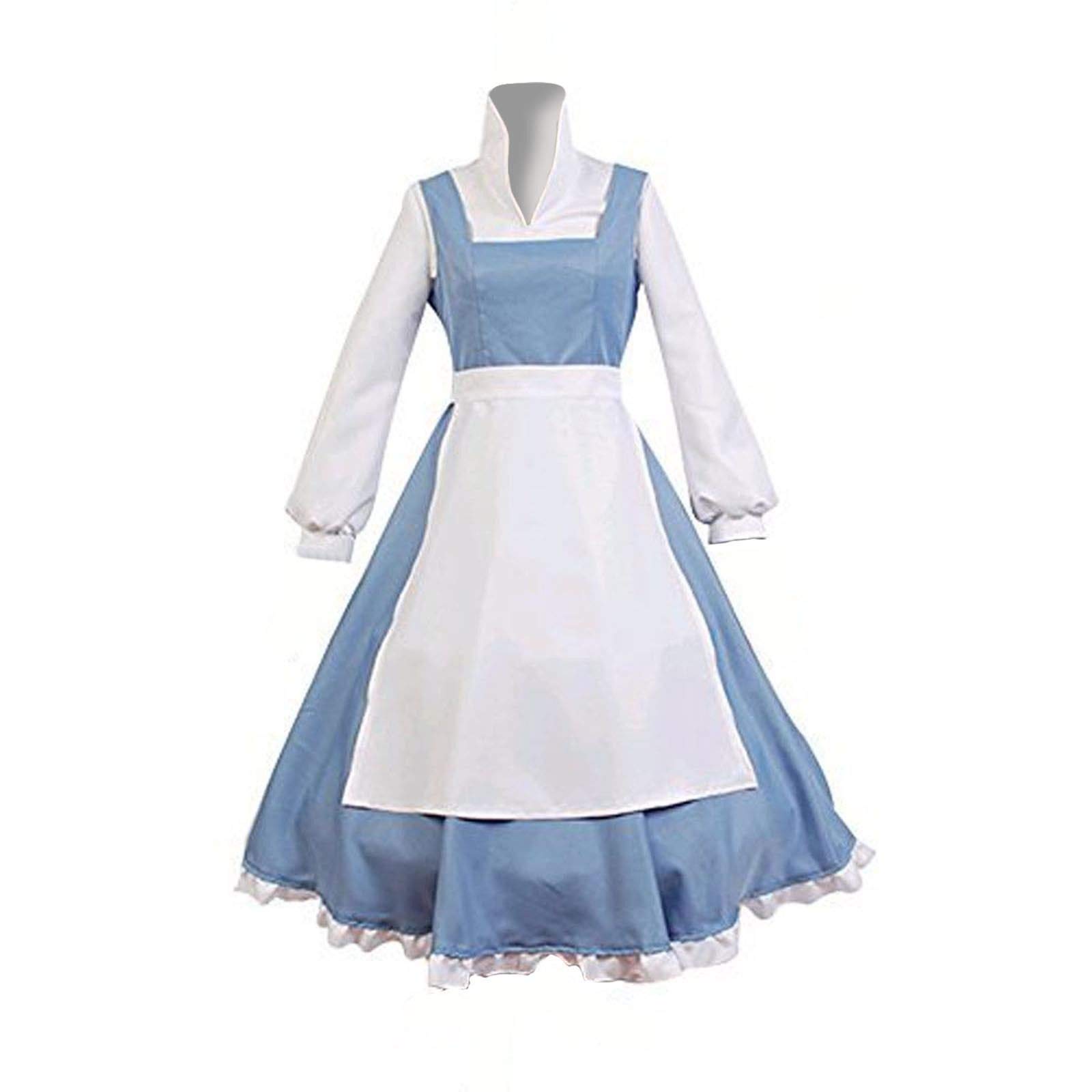 Belle Maid Dress for Women - Beauty and the Beast Blue Costume with Long Sleeve White Shirt & Apron | Halloween Cosplay, Christmas Party, Birthday Ball Gown