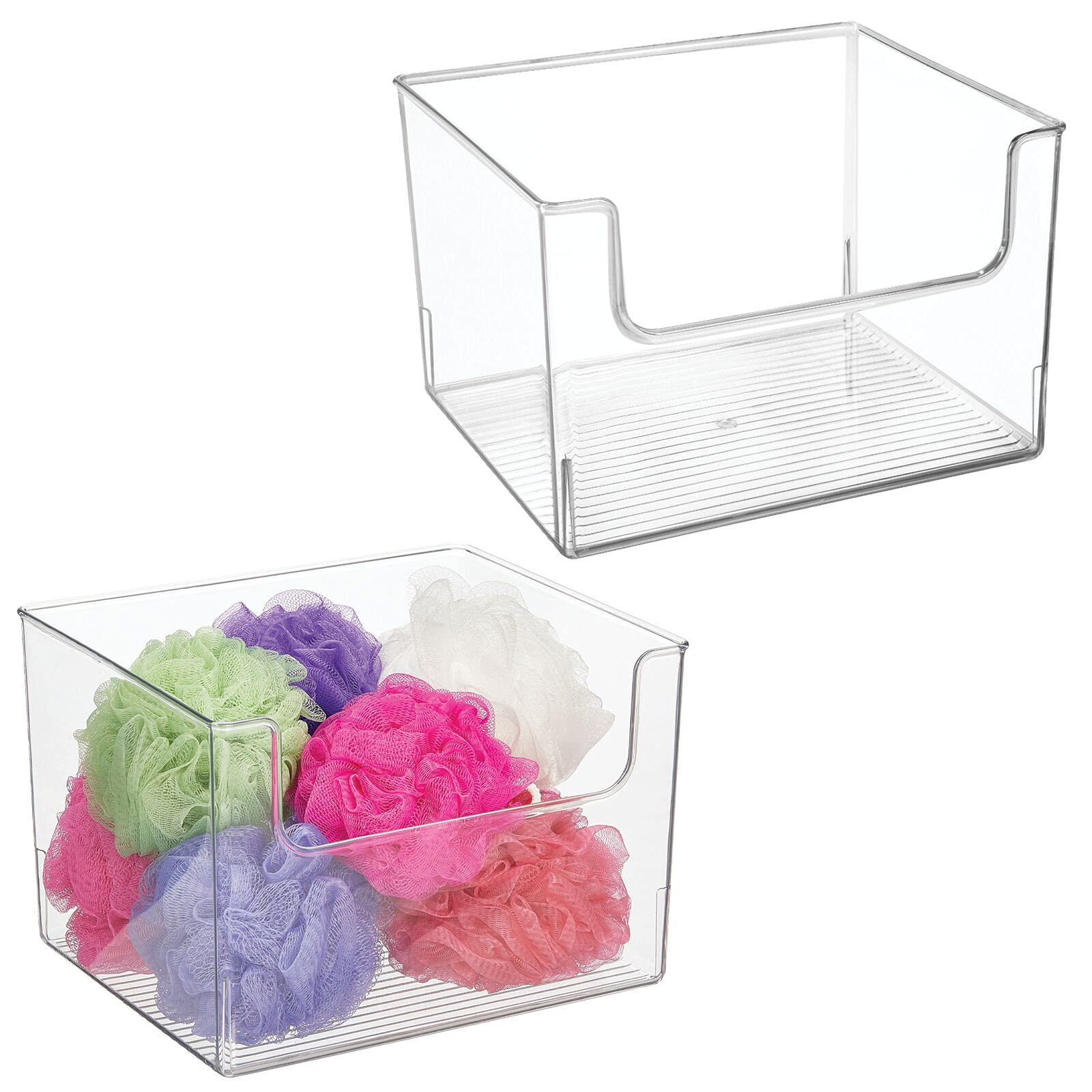 mDesign Modern Plastic Open Front Storage Organizer Bin Basket - 2 Pack Clear for Bathroom Vanity, Shelf, Cubby, Cabinet & Closet Organization - Perfect for Makeup, Toiletries & Small Item Storage - Ligne Collection