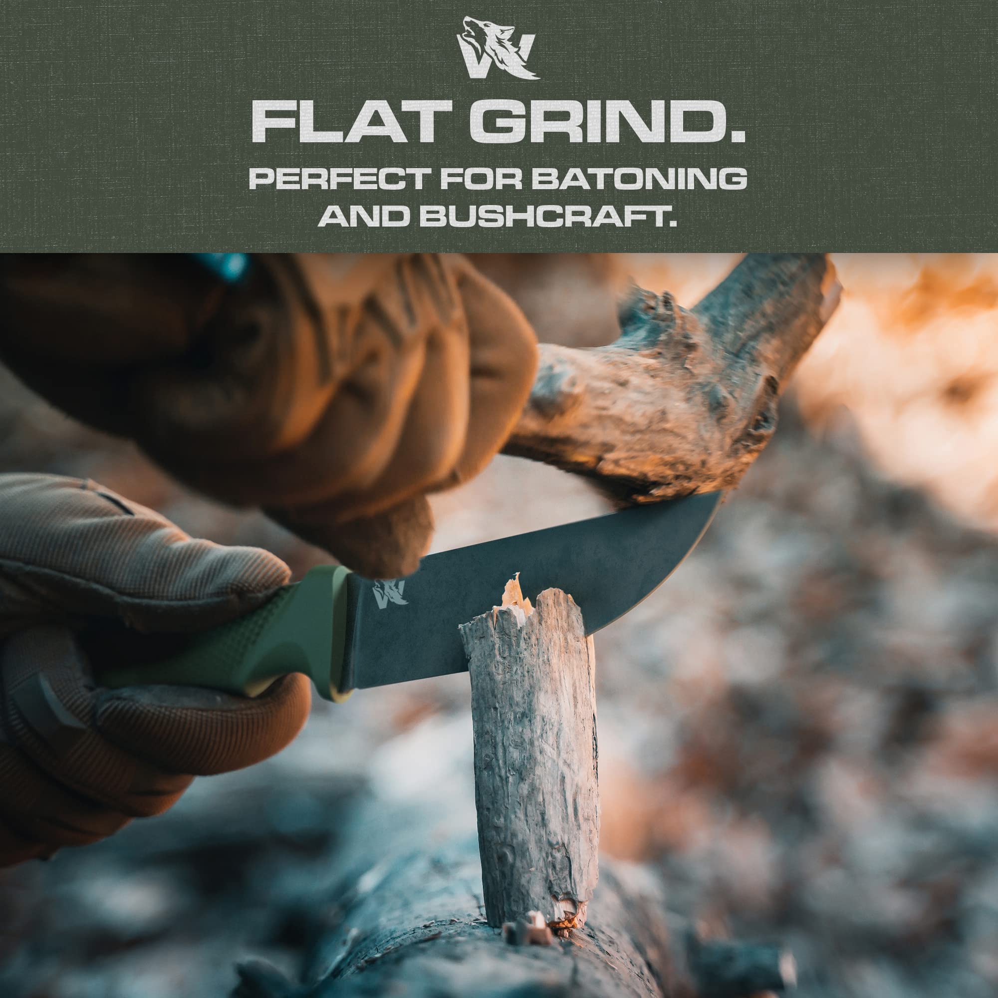 W-FLAT Full Tang Survival Knife with Sheath - D2 Steel Tactical Fixed Blade - Bushcraft, Camping & Hunting Knife - TPE Handle for Secure Grip - Perfect for Outdoor Adventures, Wilderness Survival & Everyday Carry (EDC)