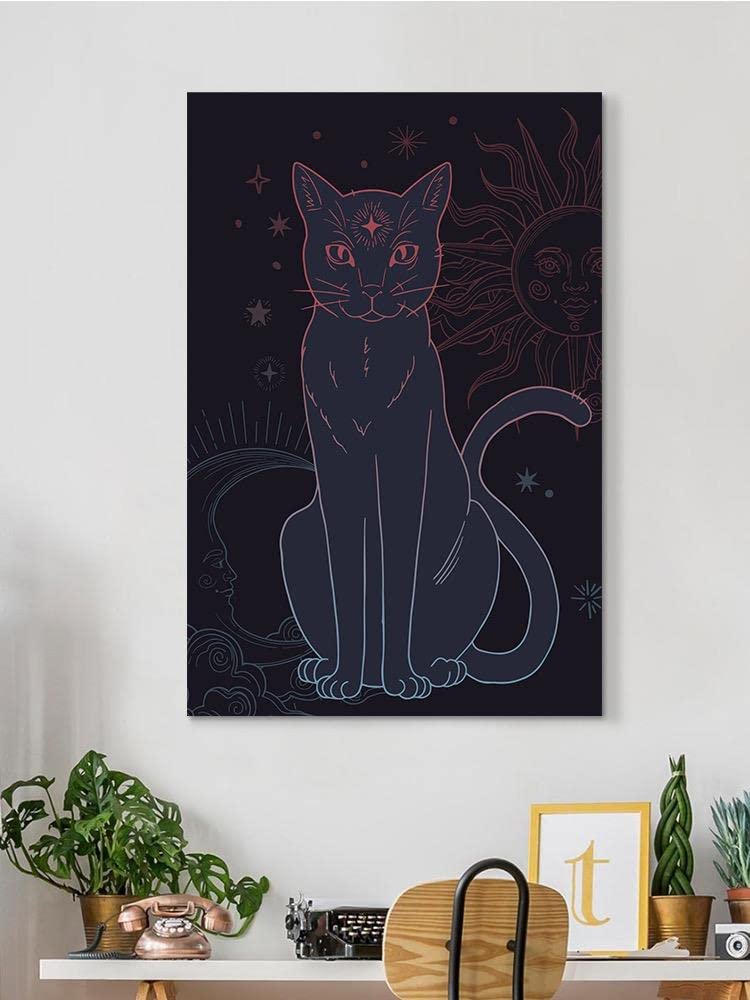 Cosmic Cat Wrapped Canvas Wall Art - Stargazing Kitty Home Decor for Living Room, Bedroom & Office