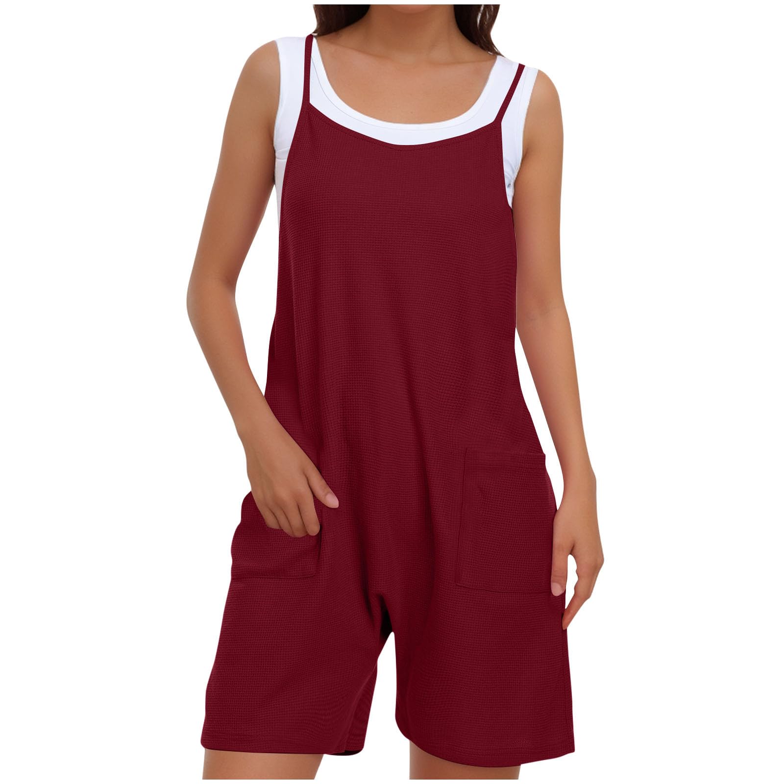 AGWOLF Women's Casual Summer Romper - Adjustable Straps Sleeveless Jumpsuit with Pockets | Waffle Knit Shorts Onesie for Beach, Vacation & Outdoor Activities 2024