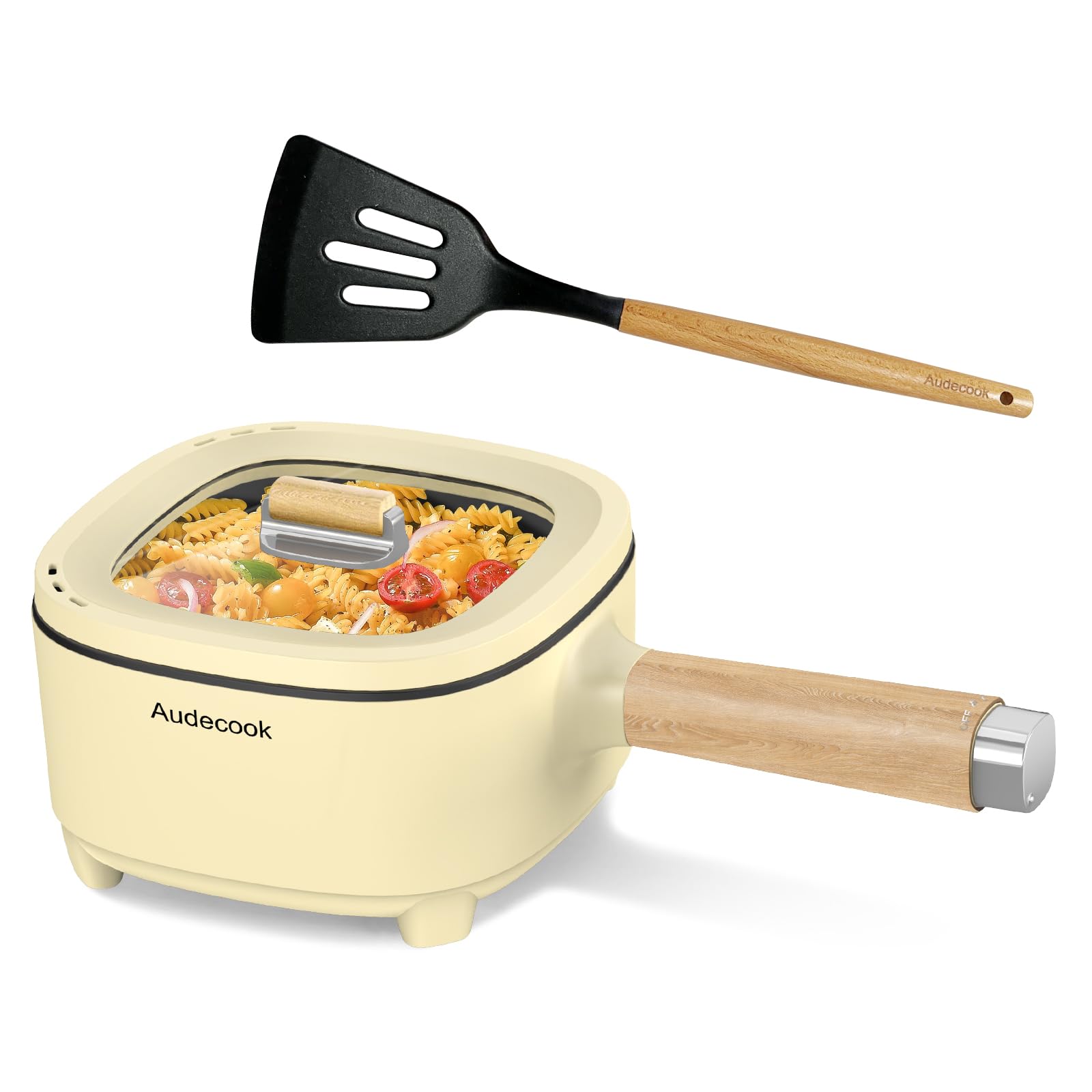 Audecook 2L Electric Hot Pot with Ceramic Non-Stick Coating, 8-Inch Portable Travel Cooker for Ramen, Steak, Fried Rice & Soup - Dual Power Control - Perfect for Dorms, Camping & Small Kitchens (Includes Silicone Spatula)