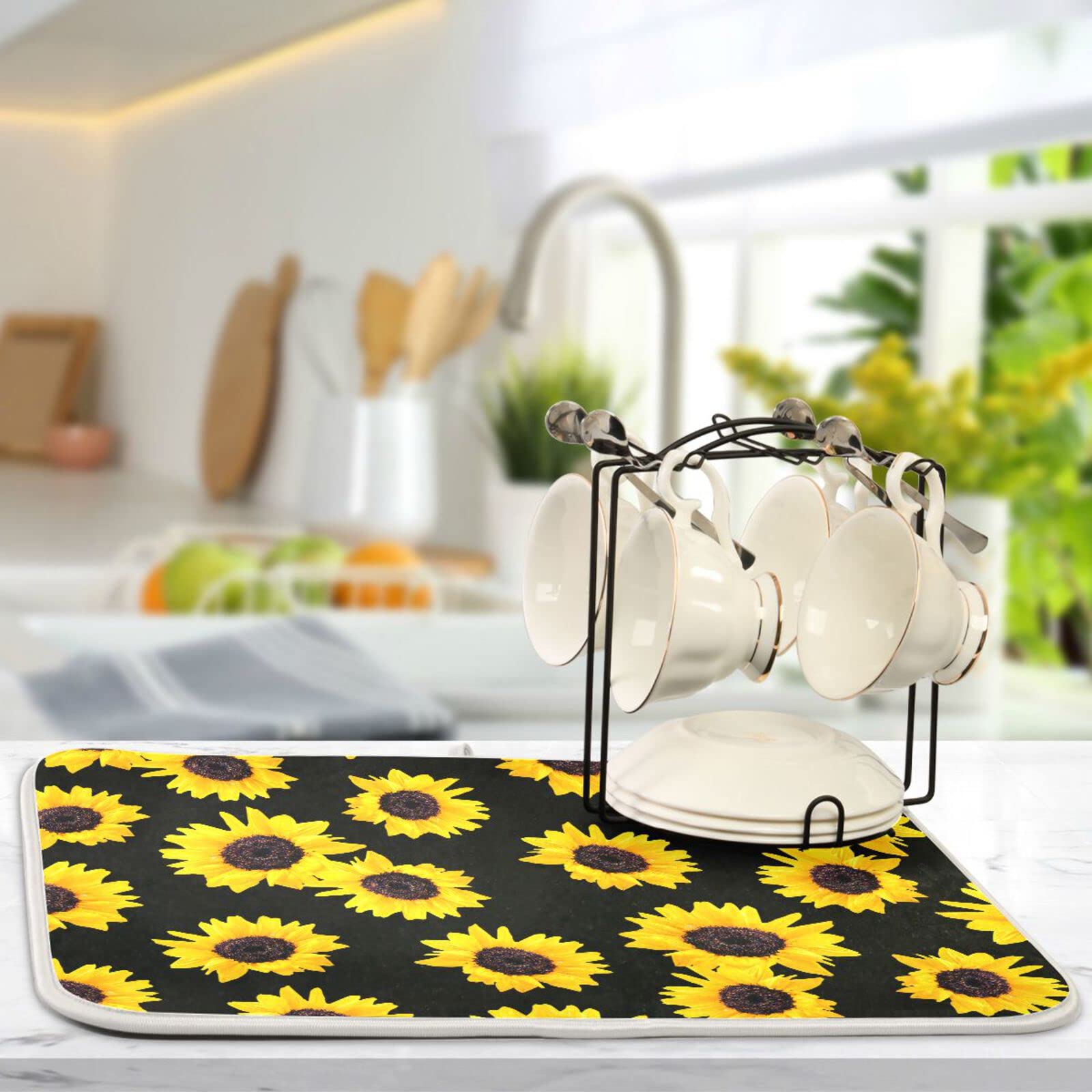 Sunflower Printed Microfiber Dish Drying Mat - 18x24 Inch Absorbent Kitchen Countertop Drainer - Perfect for Drying Dishes, Utensils & Cookware - Ideal for Kitchen Counter, Sink Area & Dish Rack Use