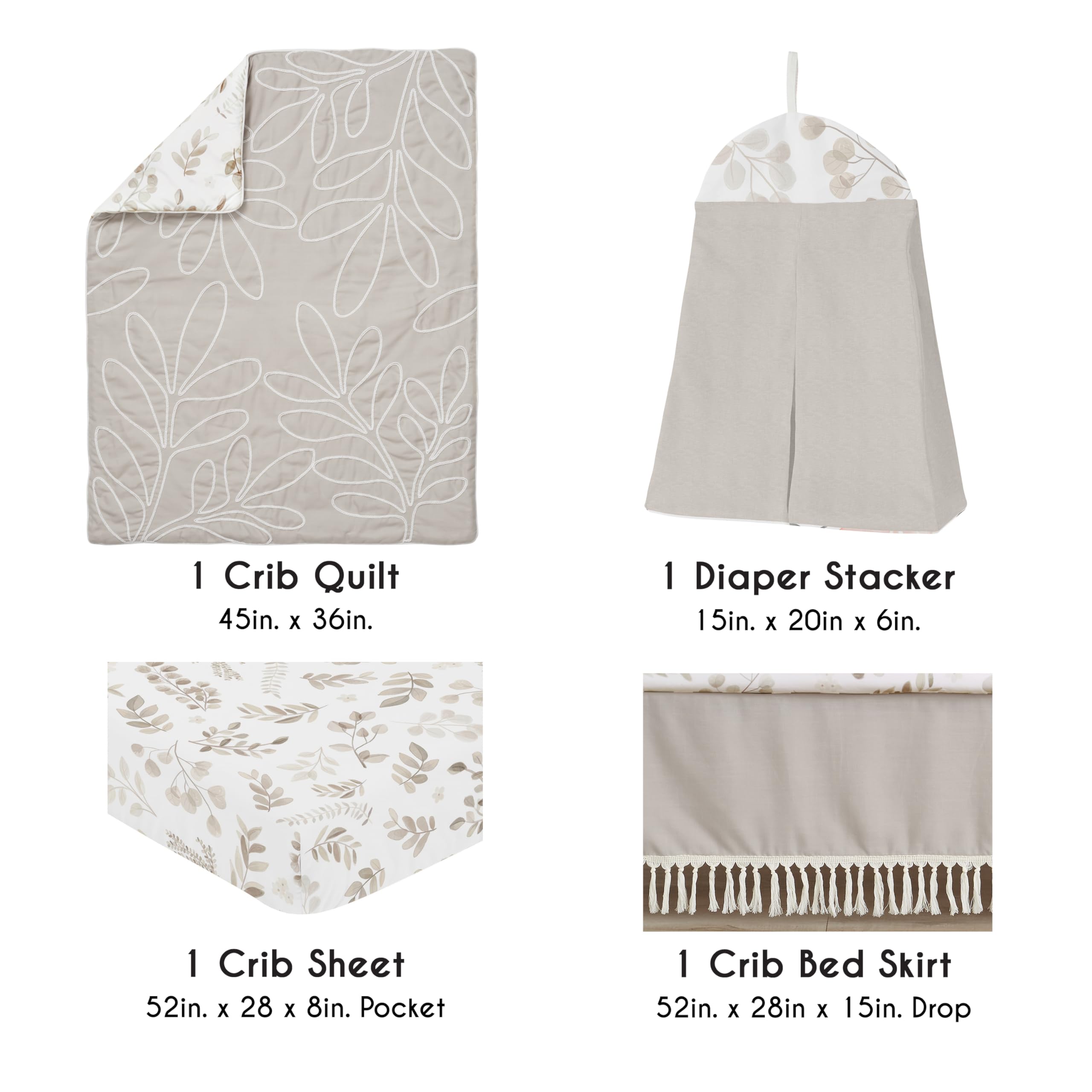 Sweet Jojo Designs 4-Piece Baby Crib Bedding Set - Woodland Boho Leaf Nursery Decor for Girls & Infants | Includes Blanket, Fitted Sheet, Skirt & Diaper Stacker | Neutral Taupe Linen Botanical Floral Farmhouse Style | Perfect for Nursery, Baby Shower & Gender-Neutral Room Decor