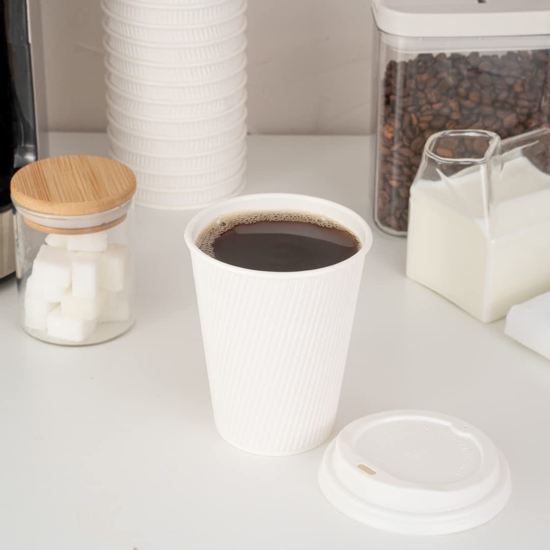 Restaurantware 12oz Insulated Coffee Cups with Lids - 200 Count White Disposable Paper Hot Cups, Leakproof & Non-Slip Design for Coffee, Tea, Hot Chocolate & Lattes - Perfect for Cafes, Offices & Catering Events