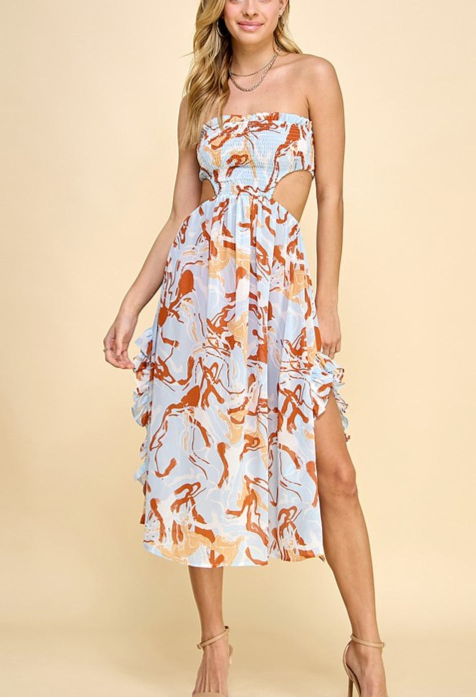 Summer Breeze Blue Print Midi Strapless Dress - Women's Floral Sundress for Beach Vacation, Party & Date Night