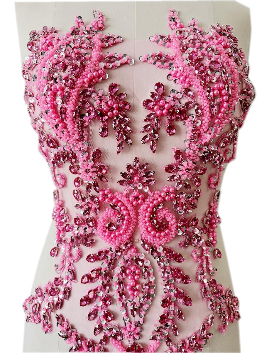 Handmade Shiny Rhinestone Applique Patches - Crystal Beaded Sequins Lace Trim for Prom Dresses, Clothing & DIY Decoration (Pink) | Perfect for Evening Gowns, Bridal Wear & Costume Design
