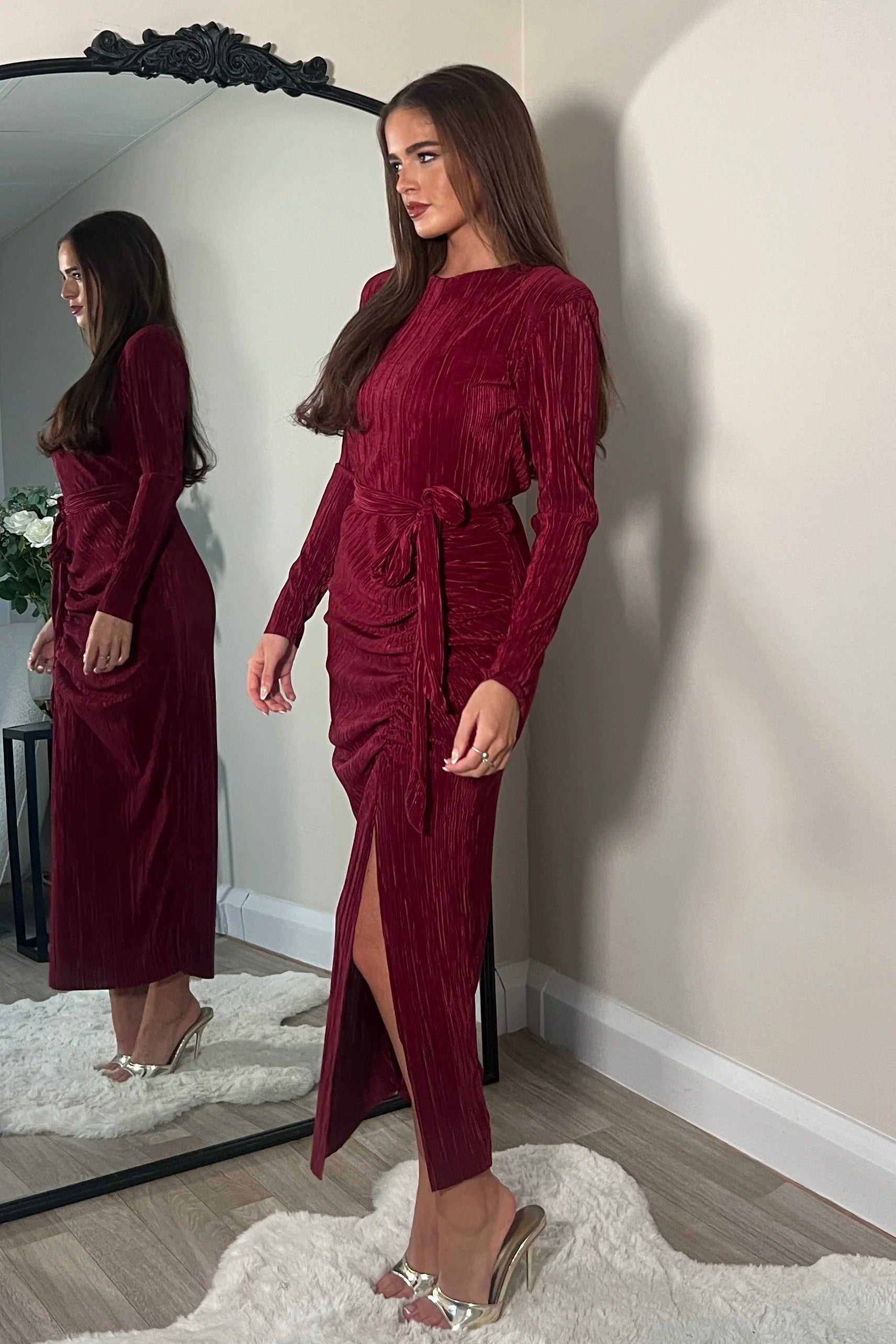 Elena Long Sleeve Ruched Seamed Midi Dress in Wine Red - Elegant Bodycon Party Dress for Women, Perfect for Cocktail Parties, Date Nights & Formal Events